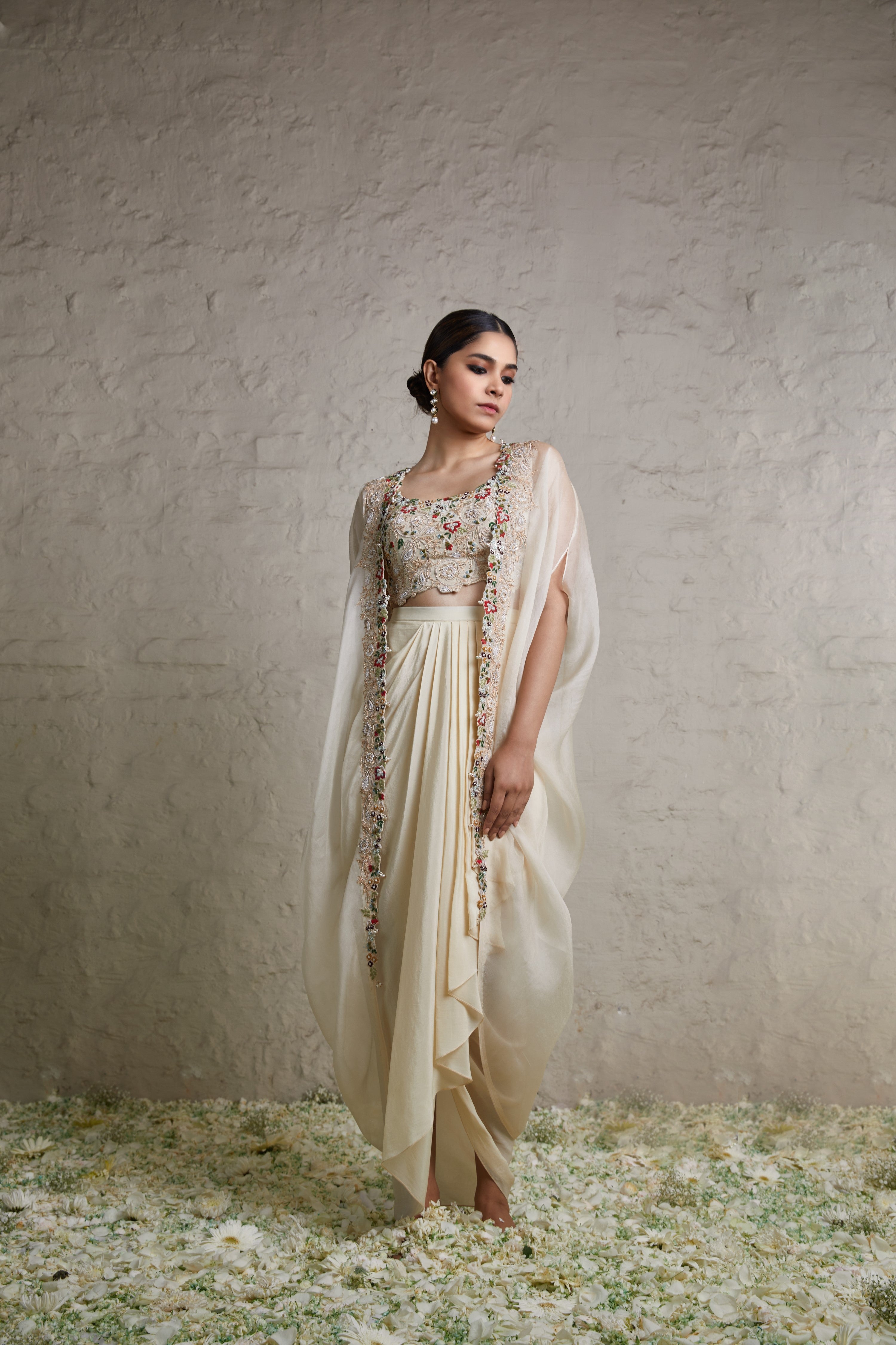 SILK BLOUSE WITH CREPE DHOTI AND ORANZA CAPE