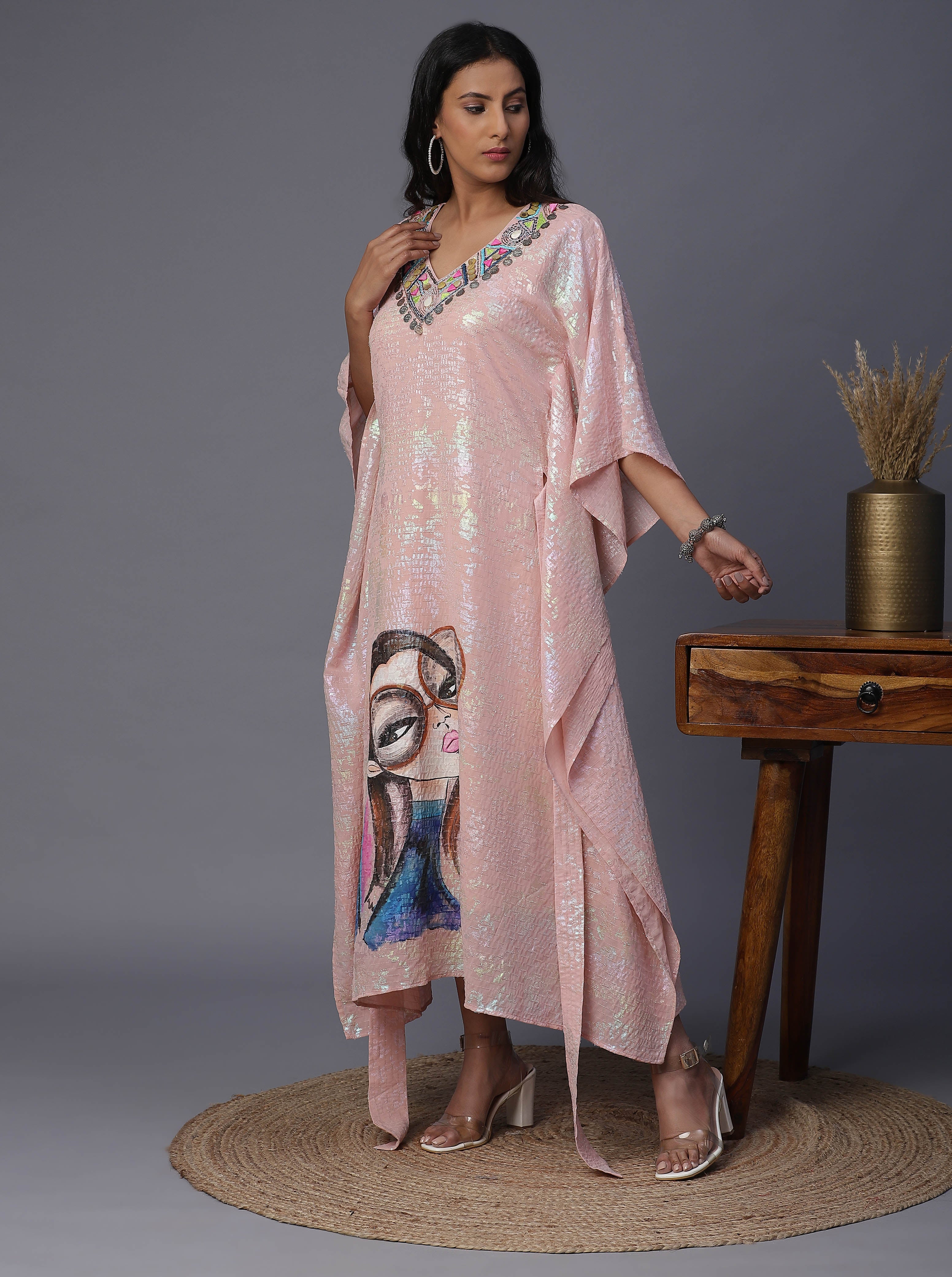 Pink sequin Handpainted Kaftaan