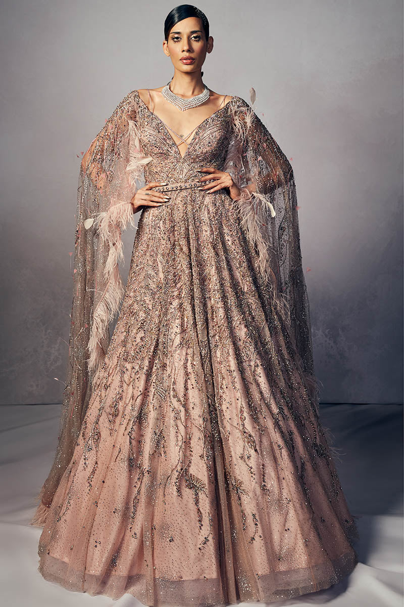 “ Bessie “ Shimmer Tulle Floor length gown with cape sleeves