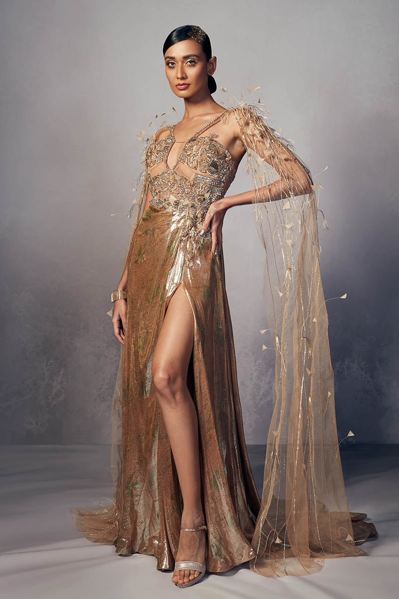 “Iris” Lurex draped column gown