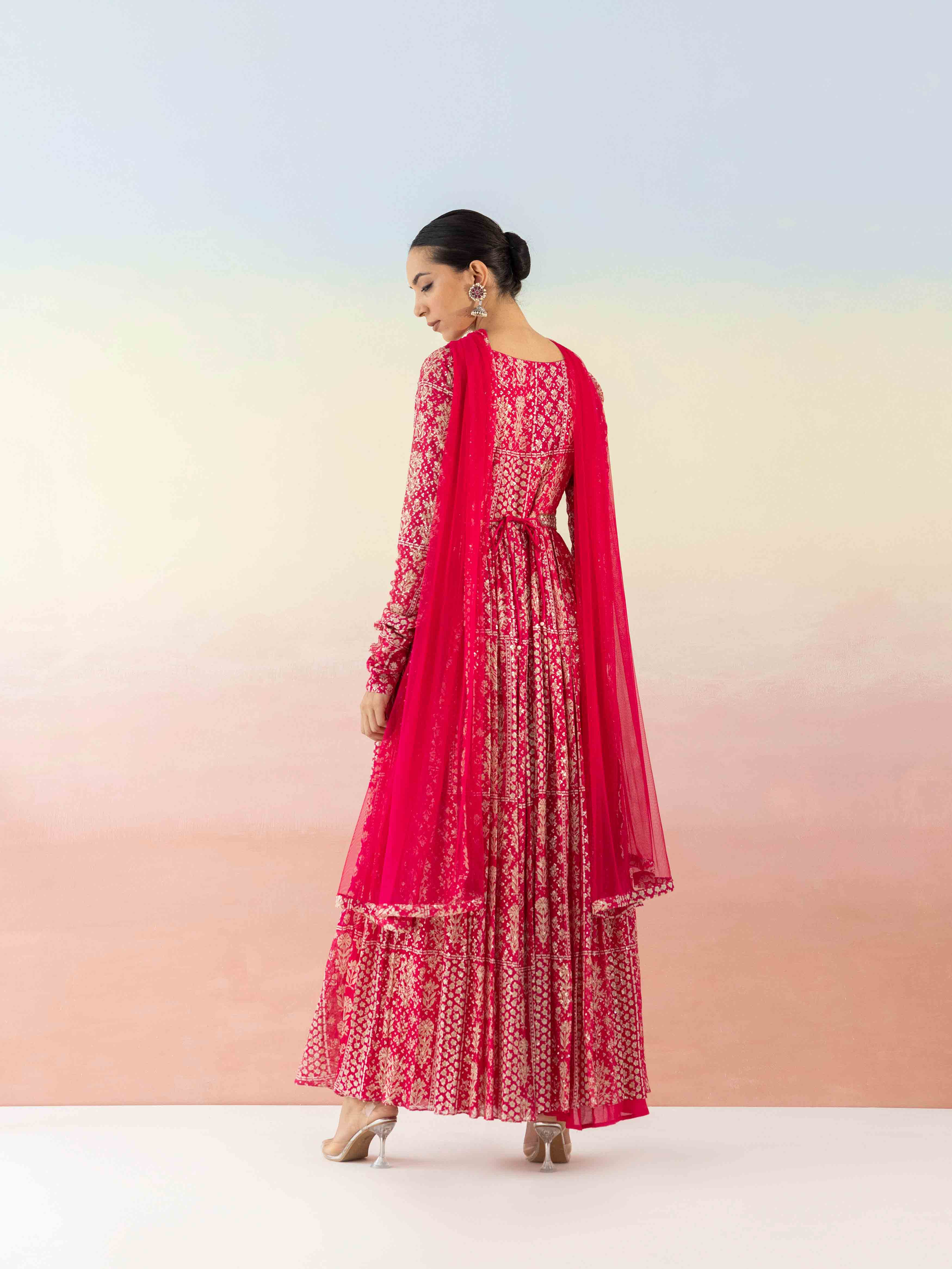 Pink Sequin Embroidered Anarkali WIth Belt
