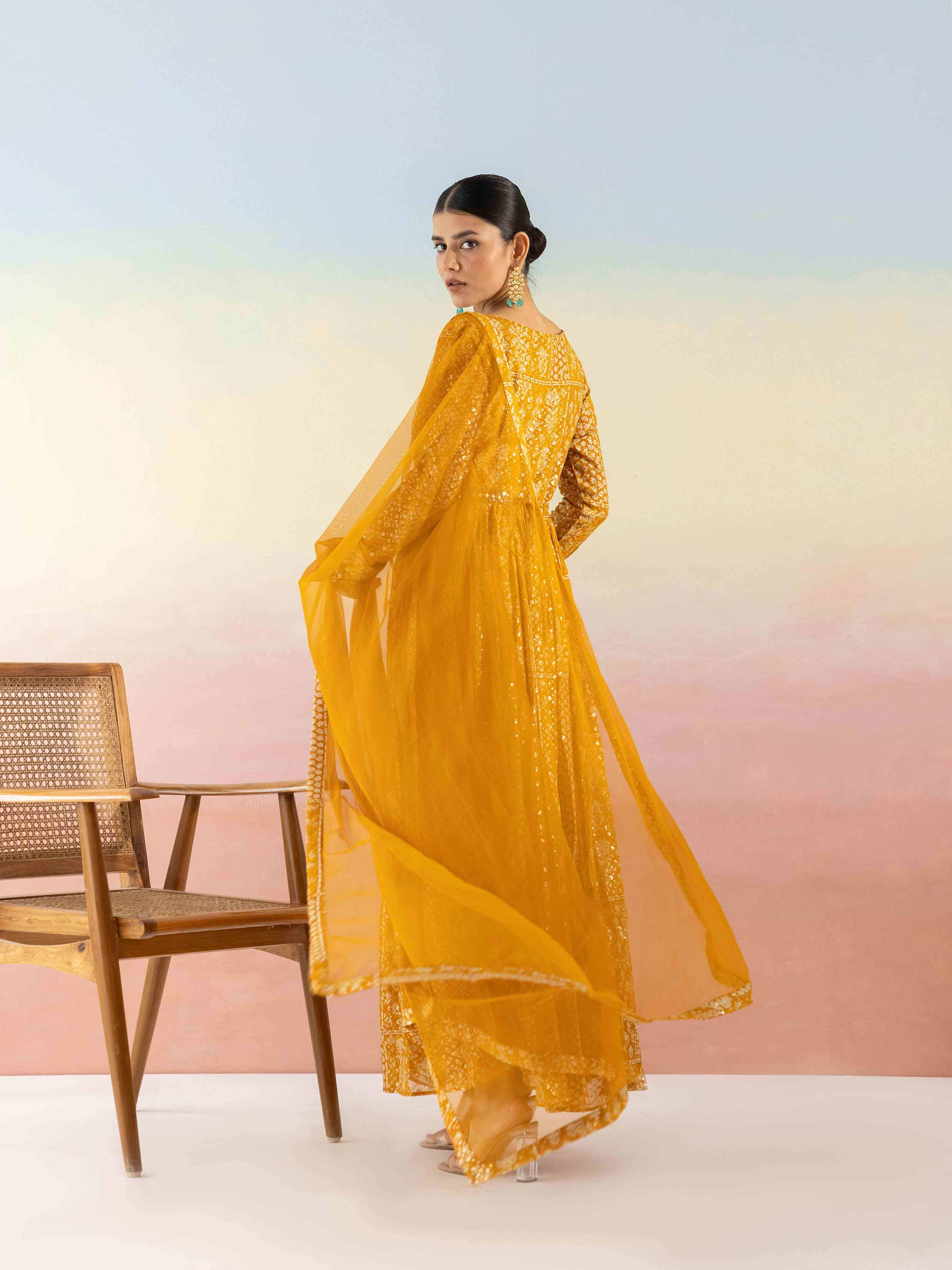 Yellow Sequin Embroidered Anarkali WIth Belt