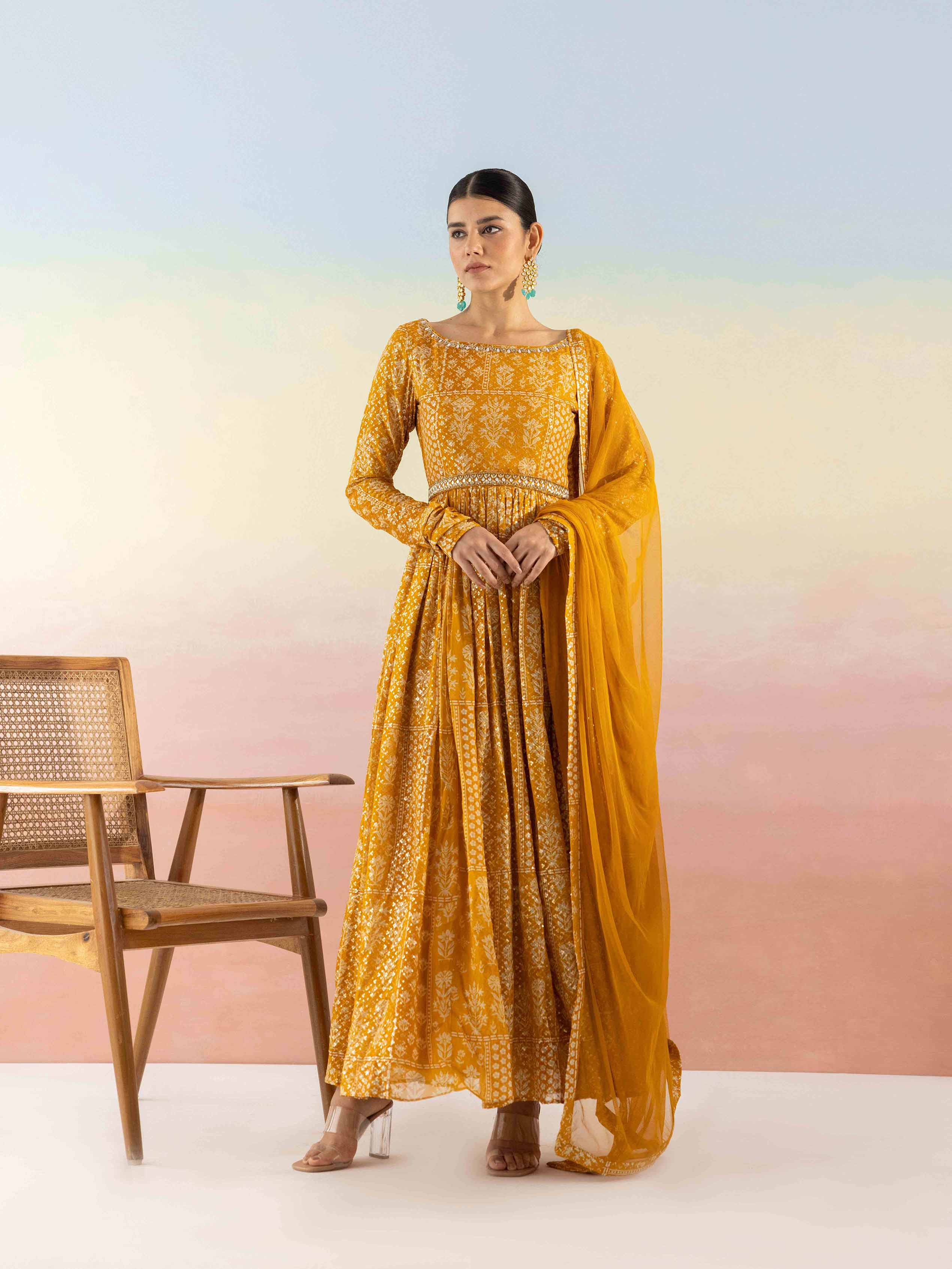 Yellow Sequin Embroidered Anarkali WIth Belt