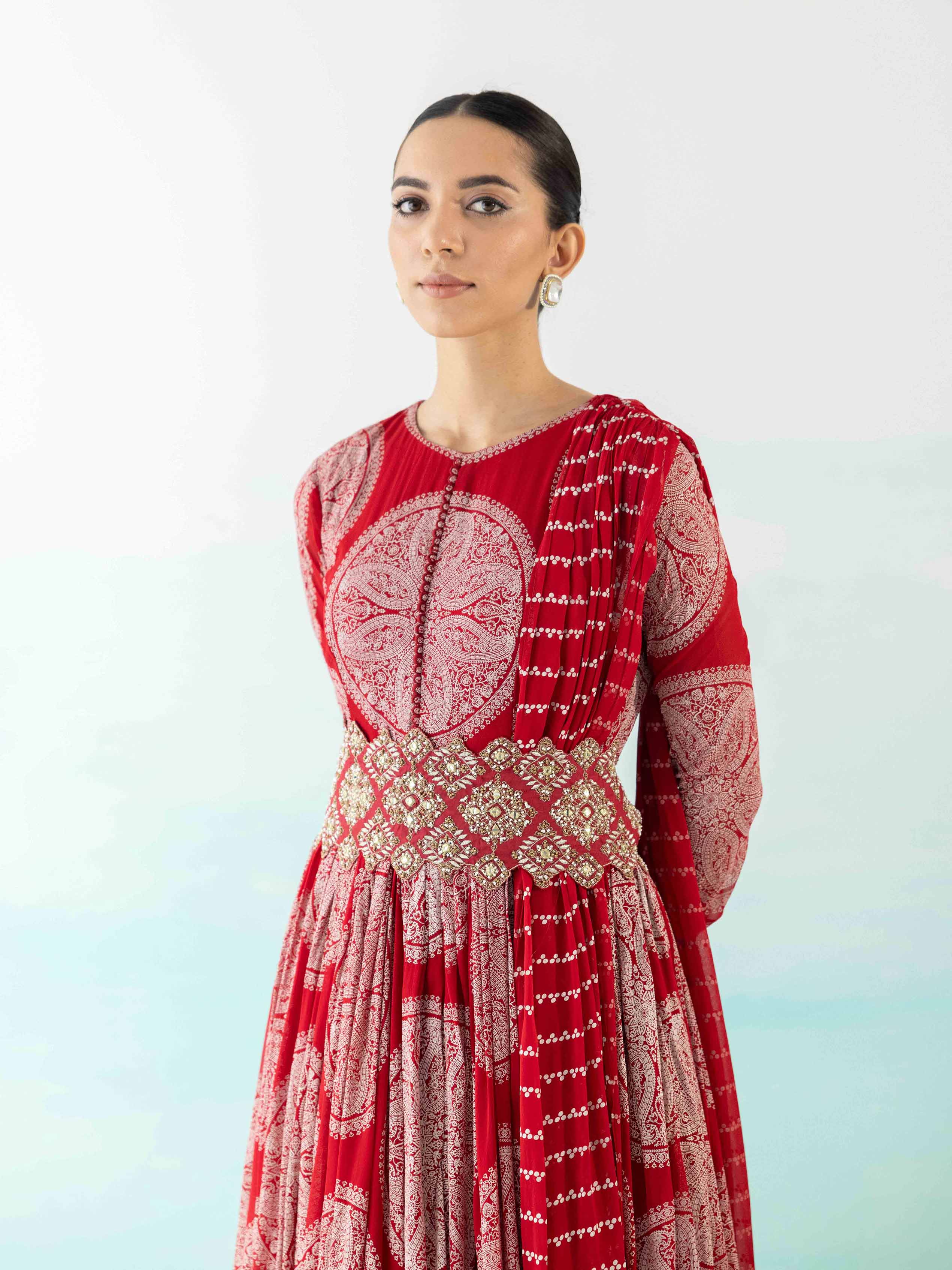 Printed Red Anarkali Set With Embroidered Belt