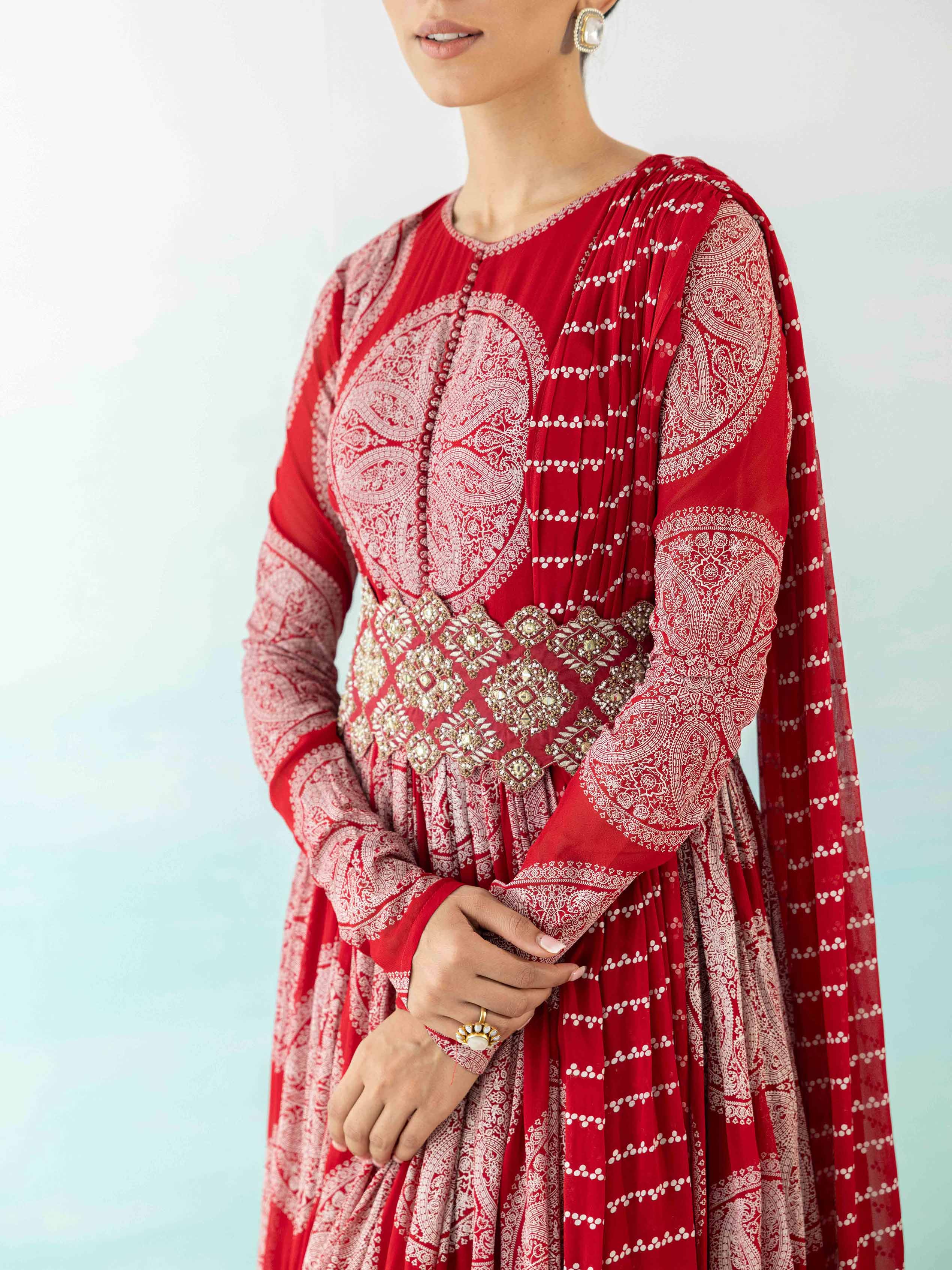 Printed Red Anarkali Set With Embroidered Belt
