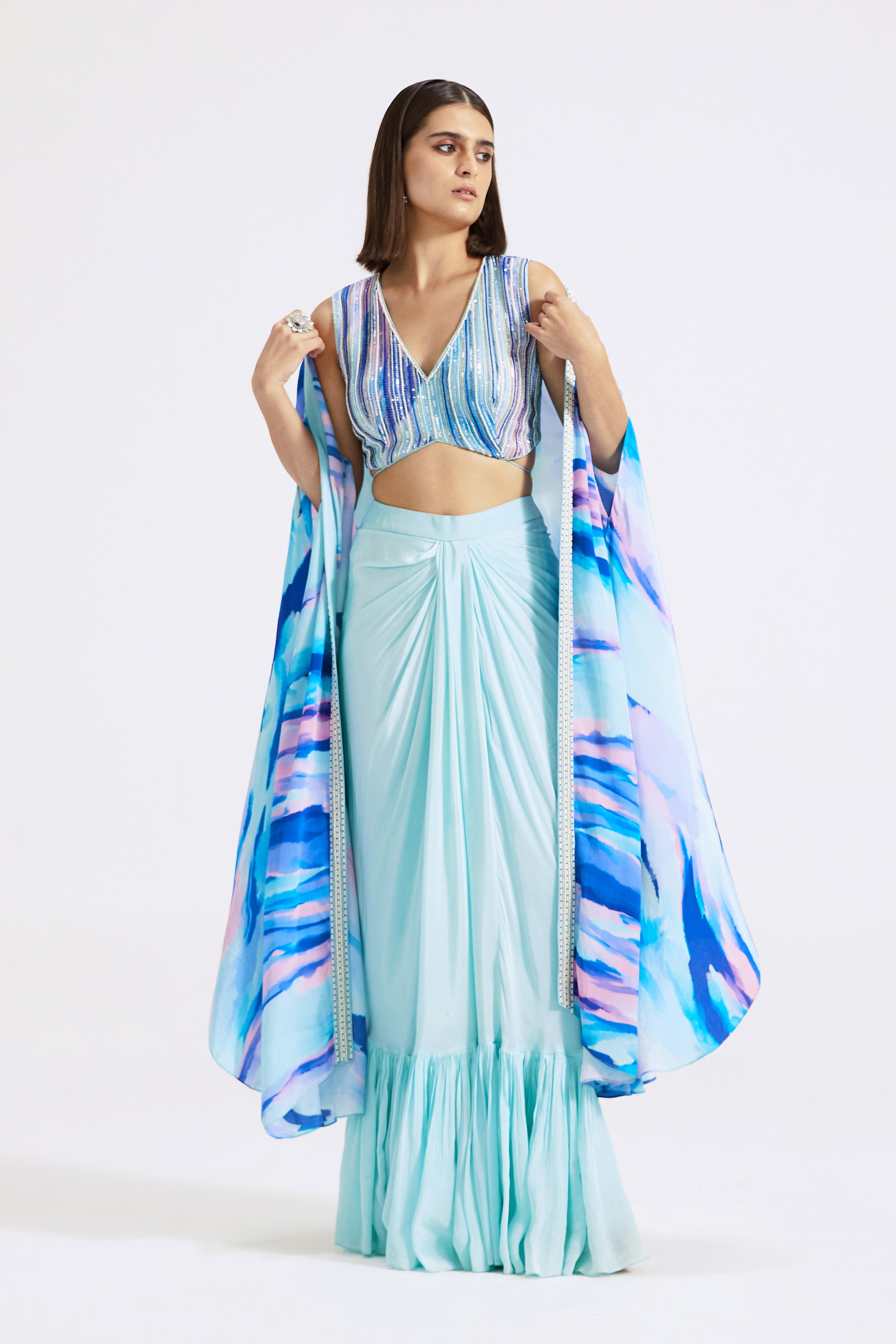 Aqua Blue Draped Skirt Set
