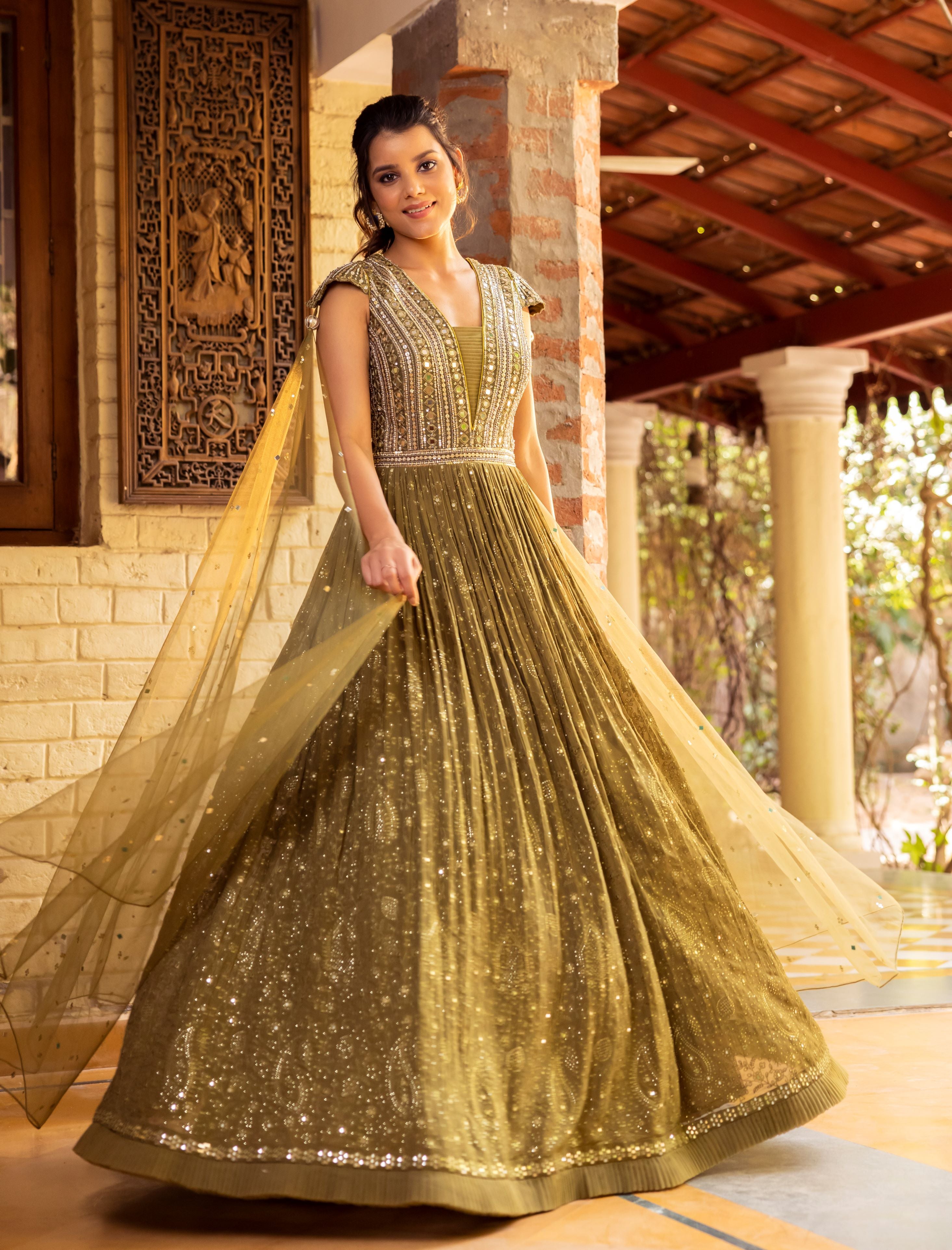 mirror embroiered indo western gown