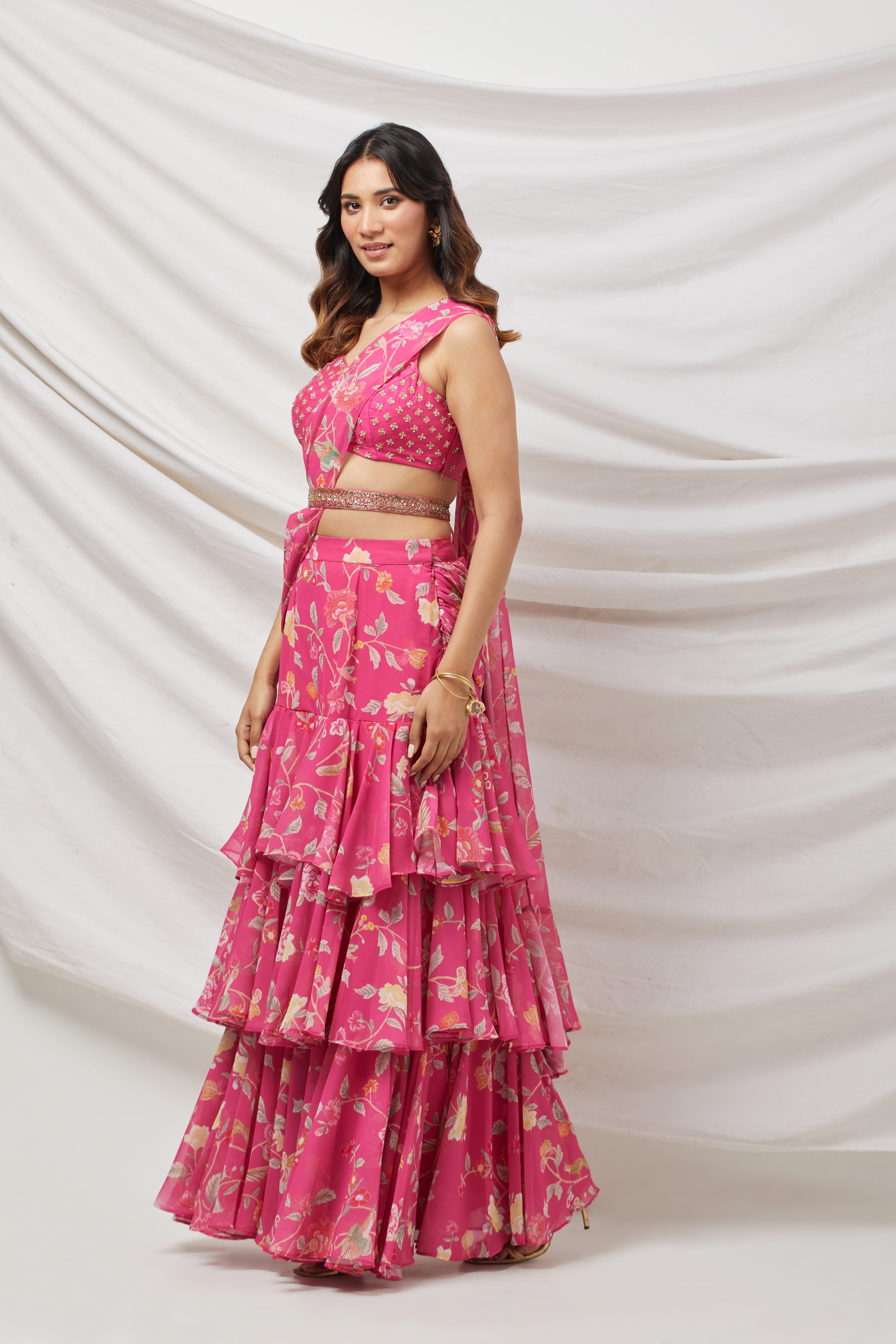 Rani Pink Pre-Draped Sharara Saree