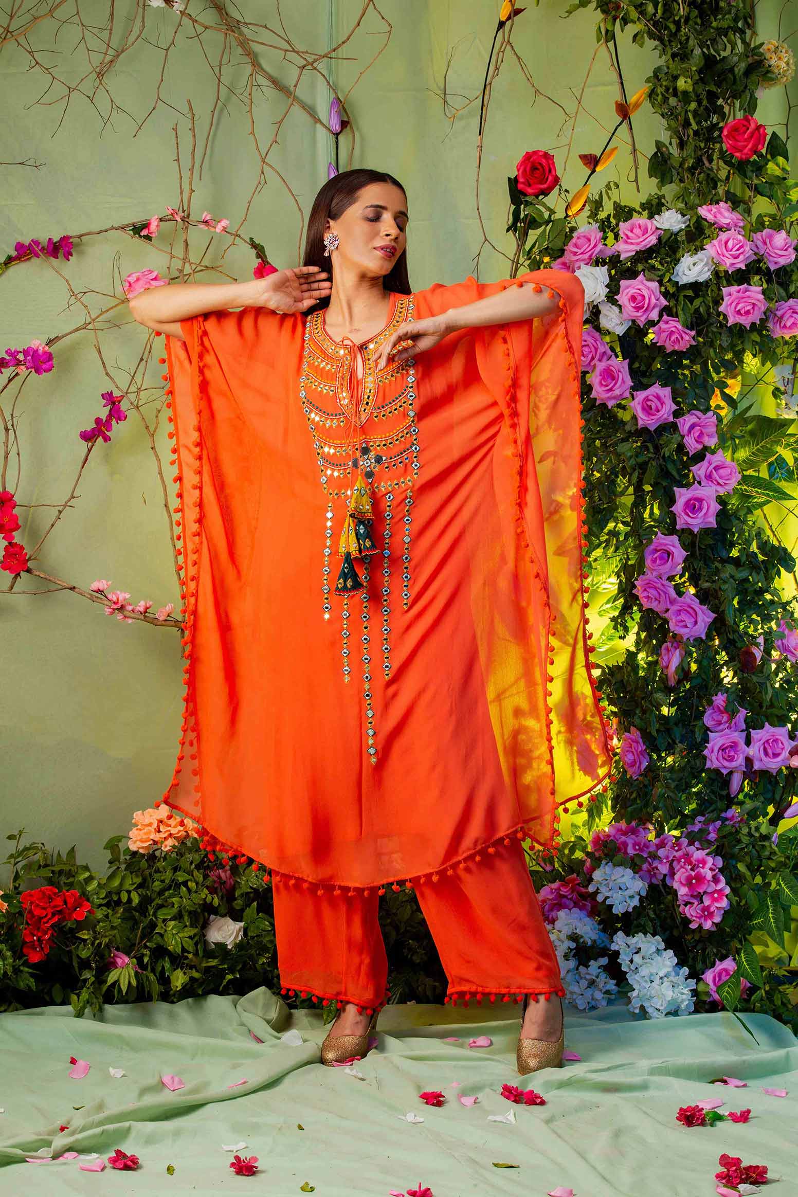 Orange Embroidered Kaftan Kurta Set