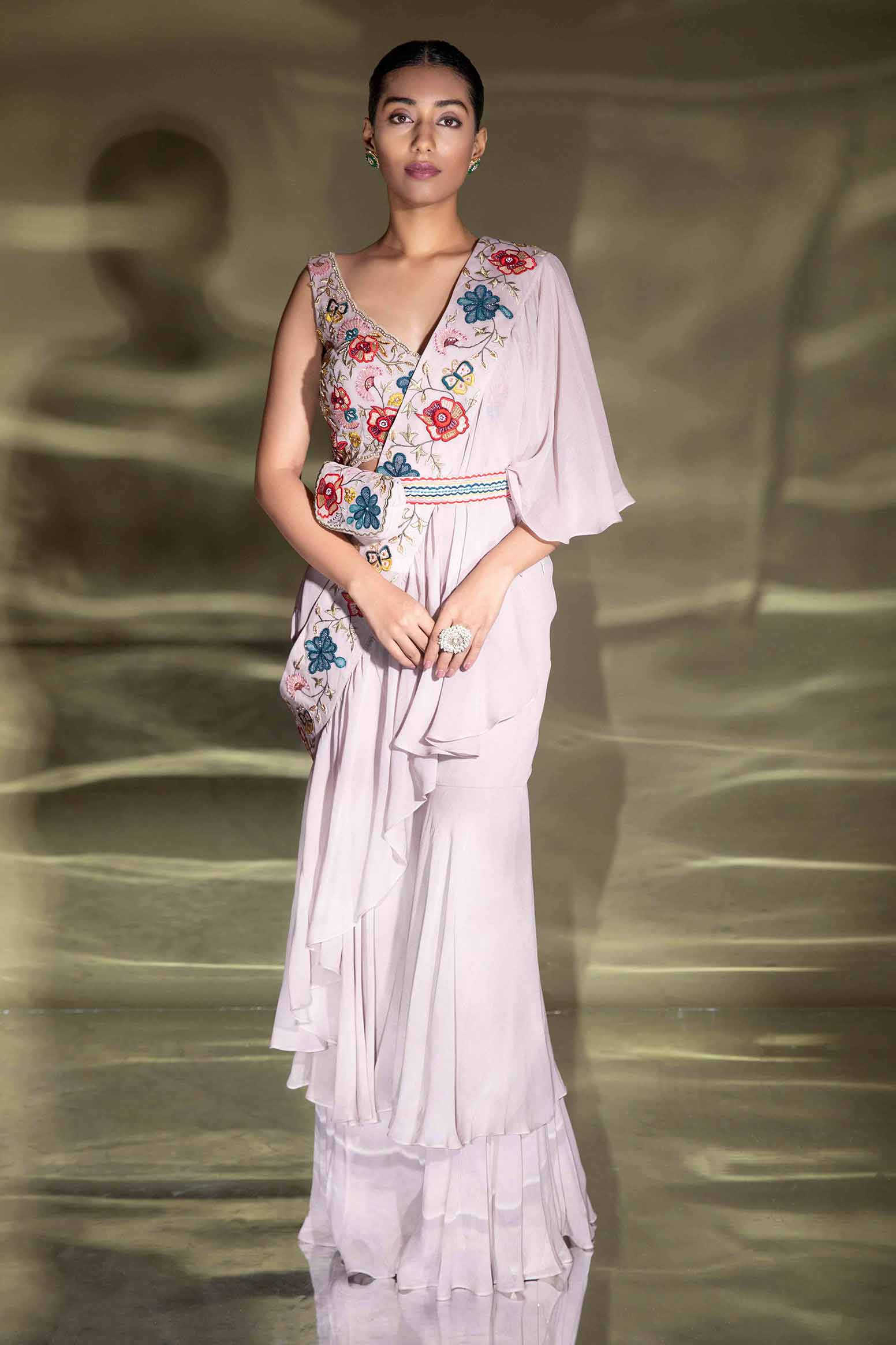 DIONE PLAZO DRAPE WITH EMBROIDERED BLOUSE AND BELT BAG
