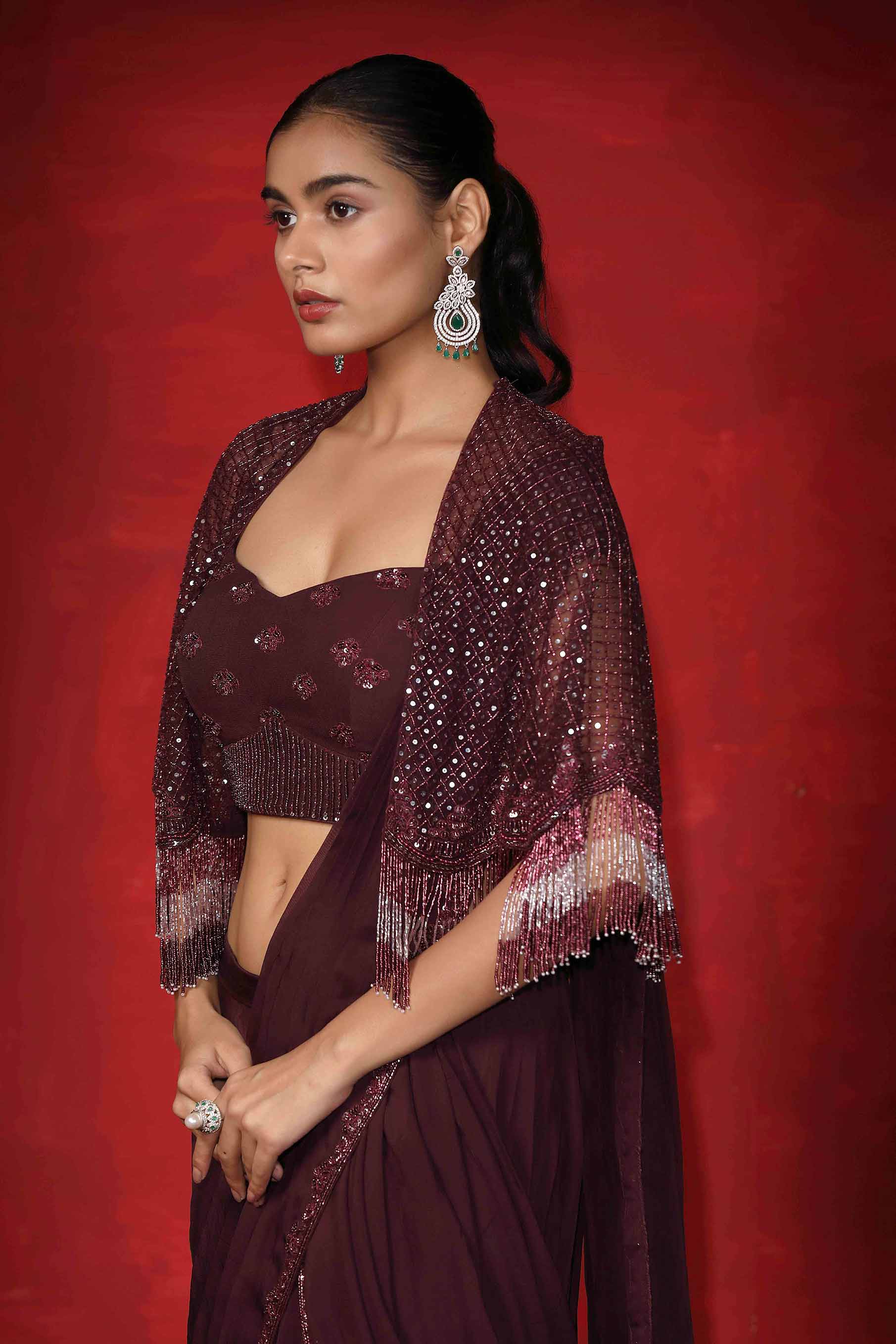 Arcane draped saree with embroidered cape
