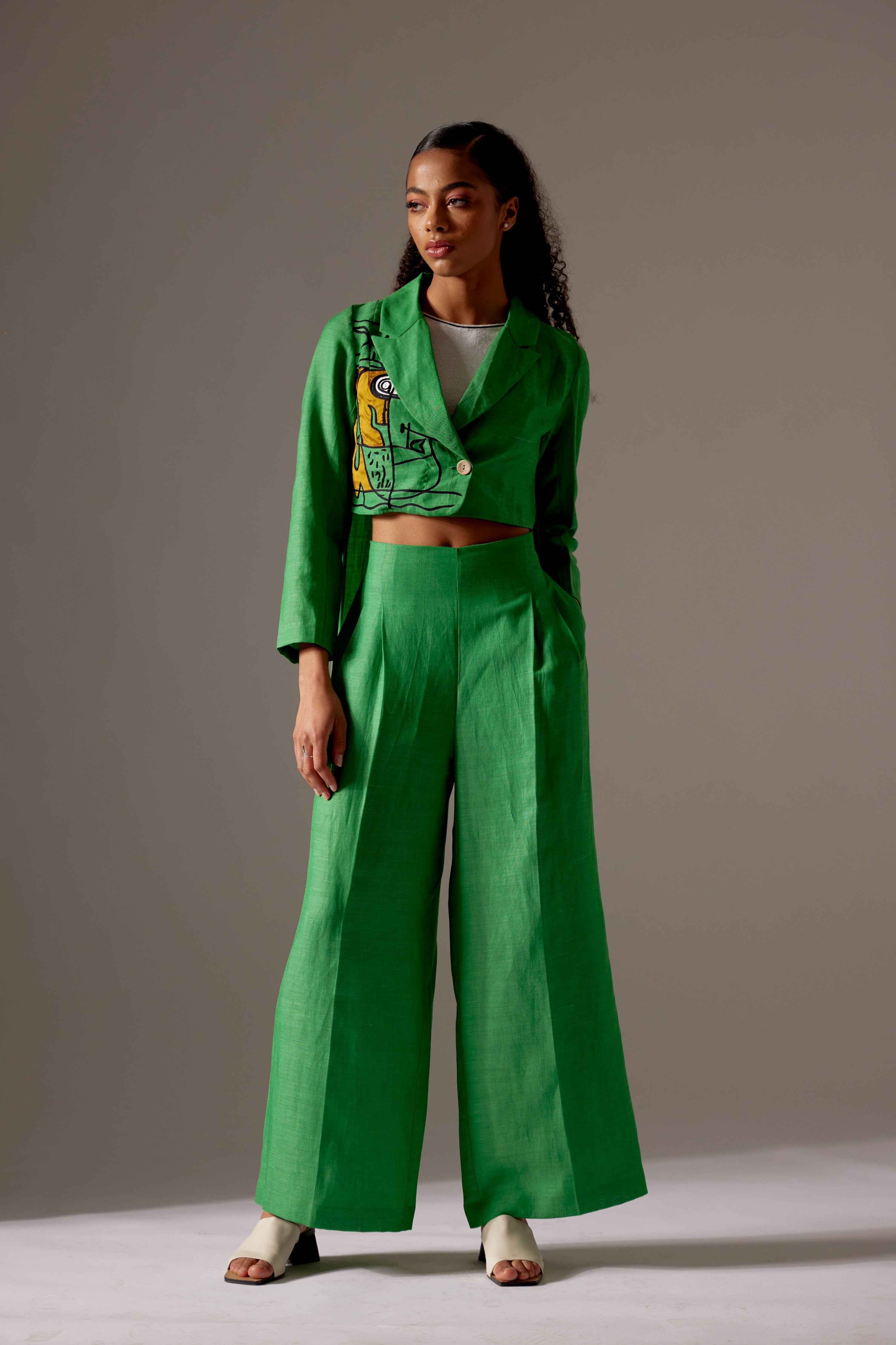 Green Linen High Low Face Jacket Co-ord