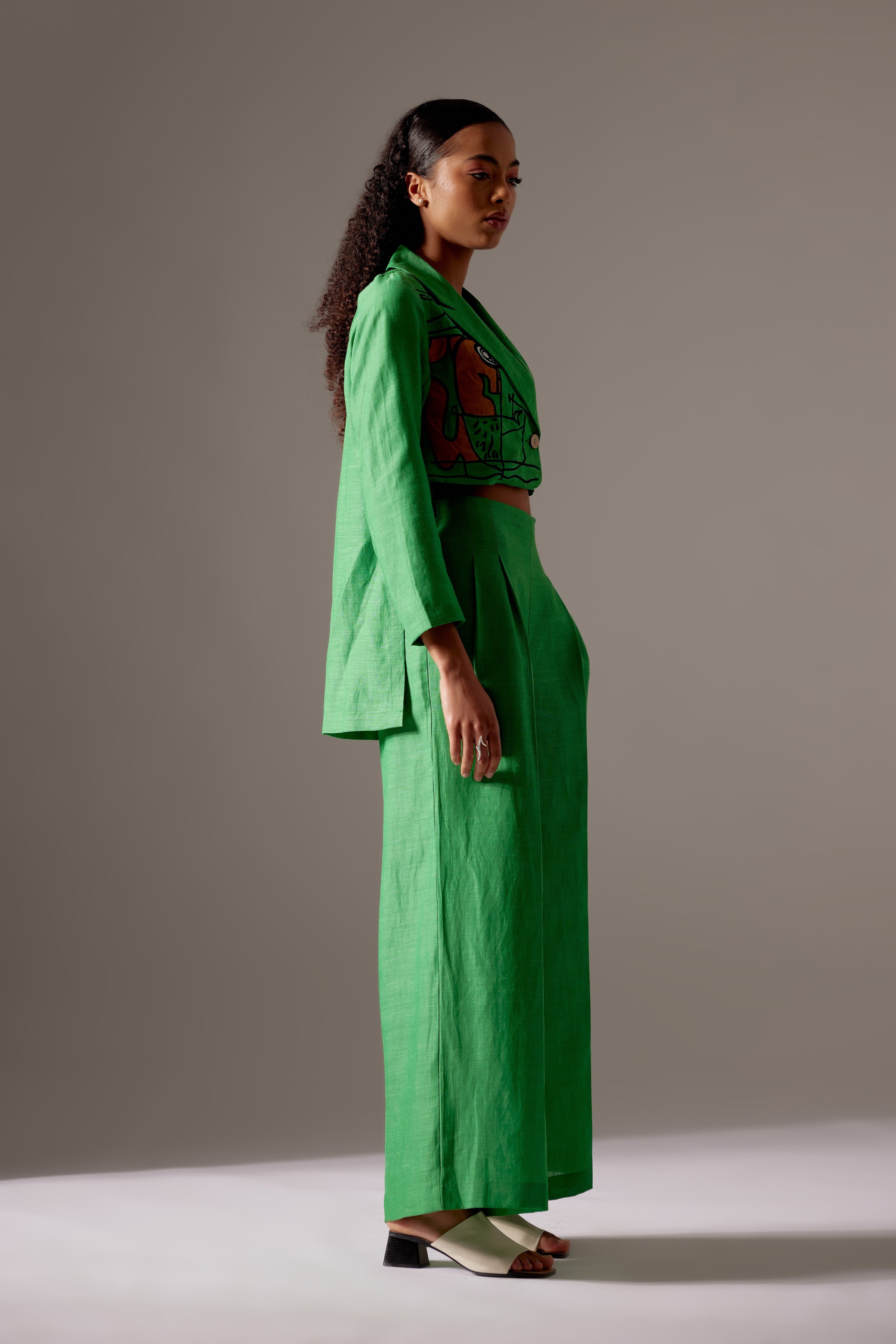 Green Linen High Low Face Jacket Co-ord