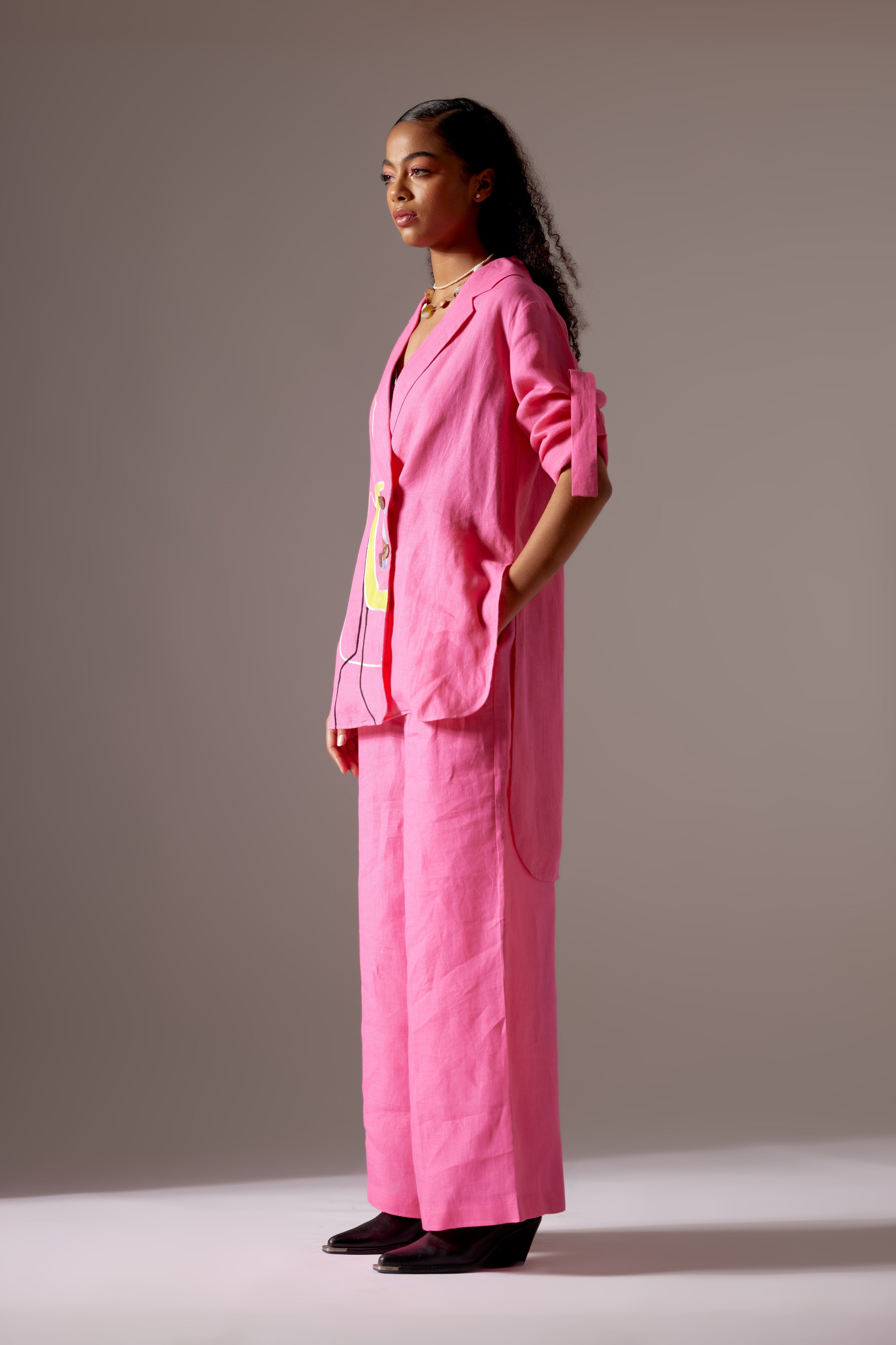 PINK LINEN LINES SHIRT FIT JACKET CO-ORD