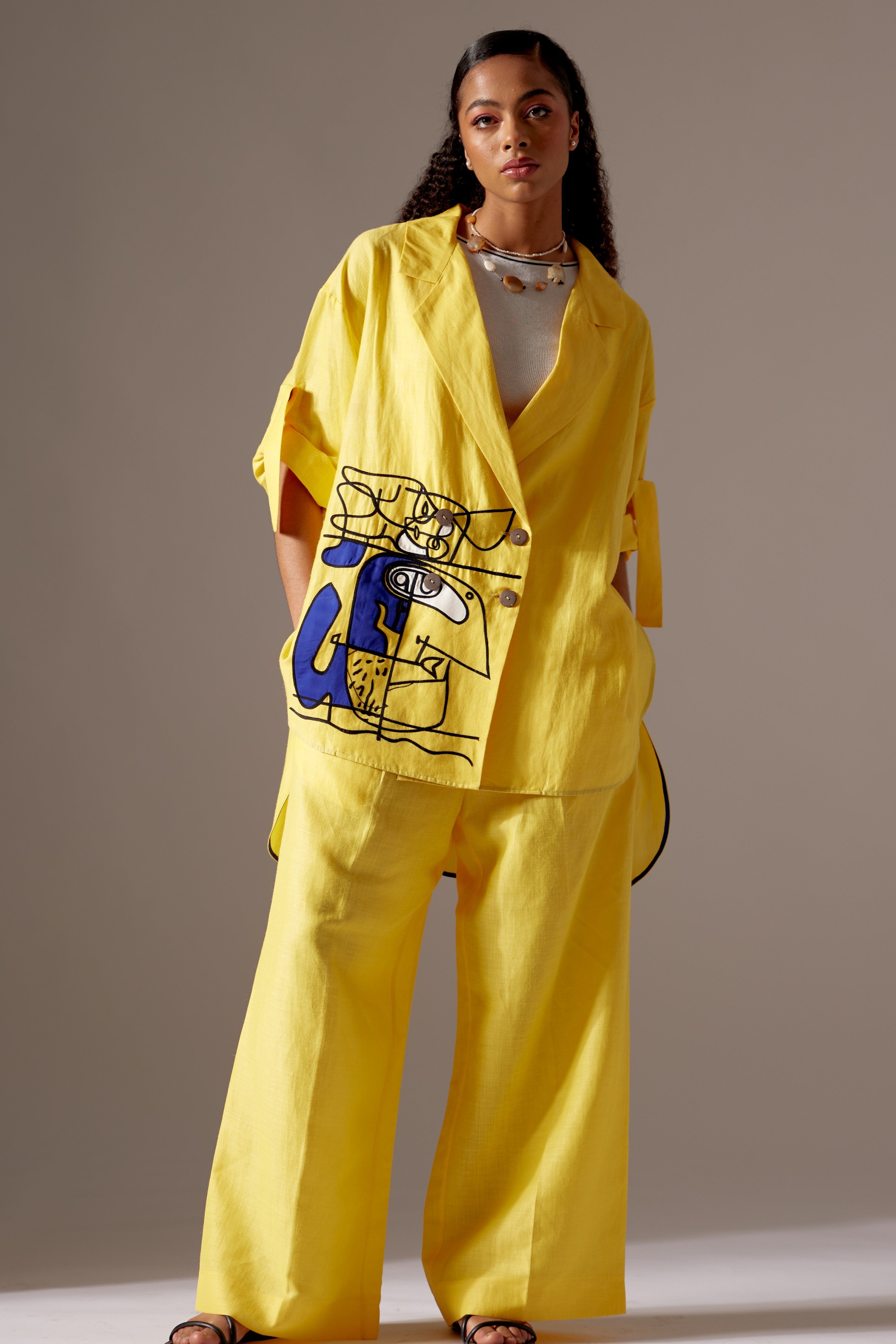 YELLOW LINEN FACE OVERSIZED JACKET CO-ORD