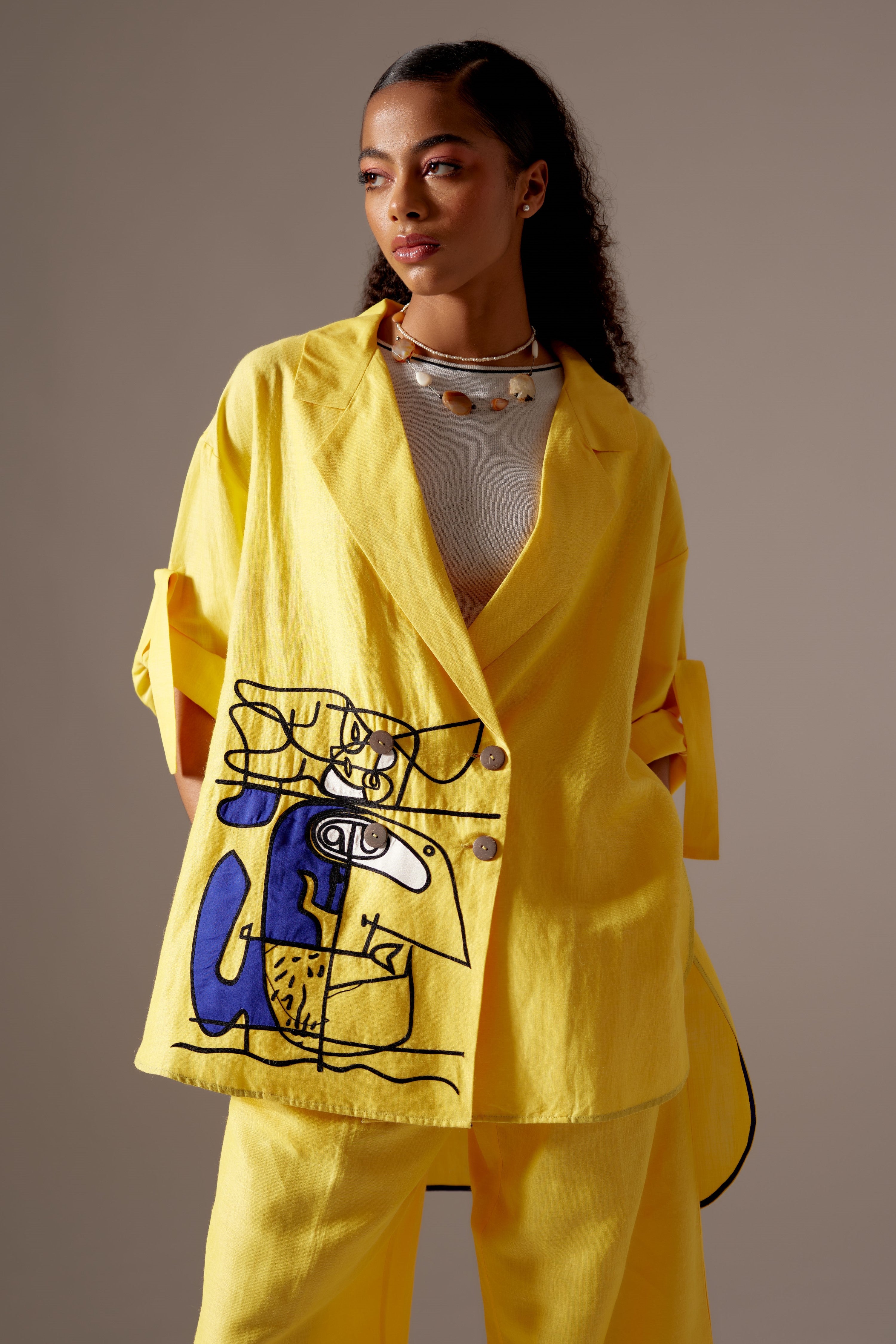 YELLOW LINEN FACE OVERSIZED JACKET CO-ORD