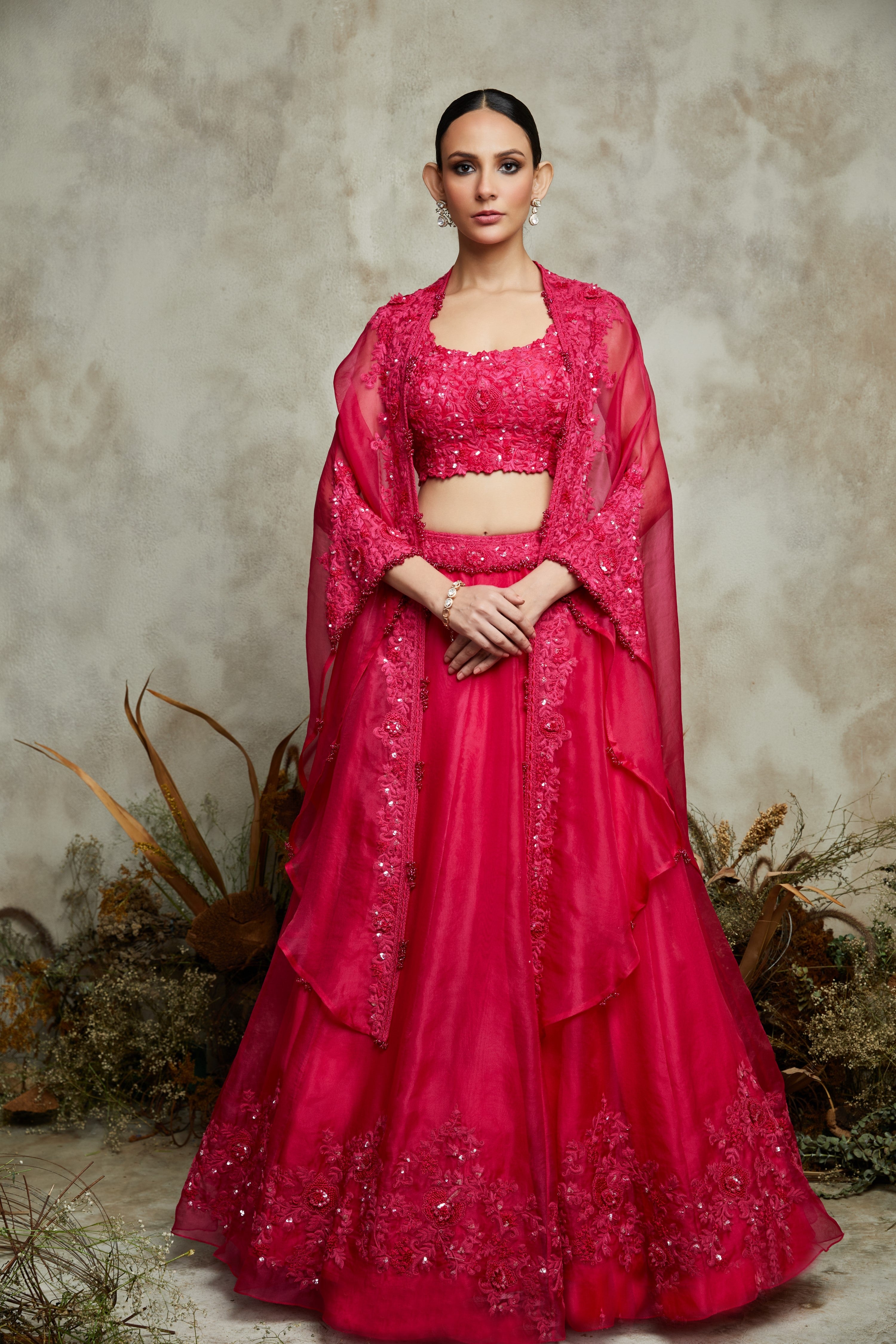 SILK BLOUSE WITH ORGANZA CAPE AND LEHENGA