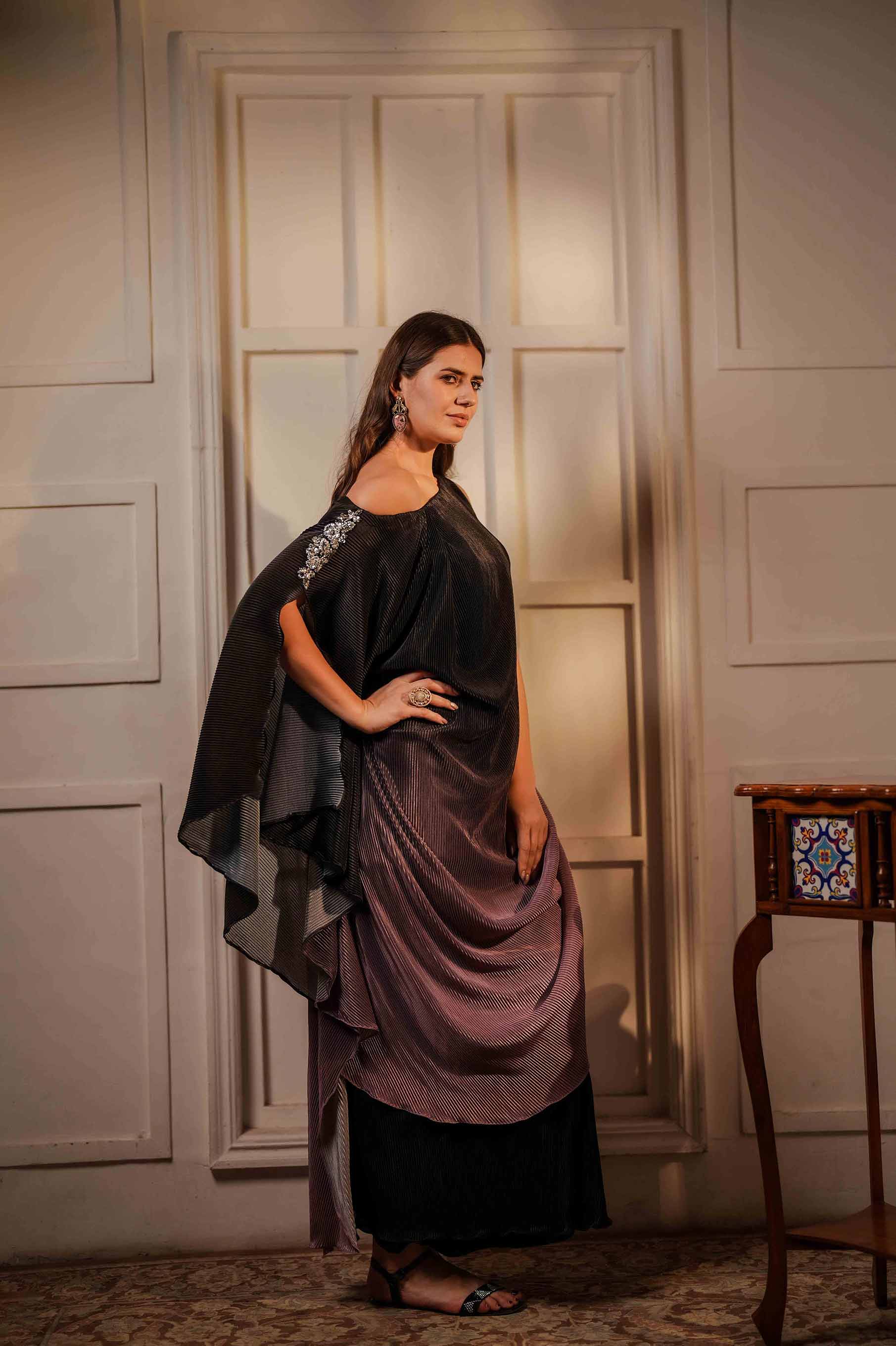 Black and Lilac cowl, one shoulder cowl layered gown.