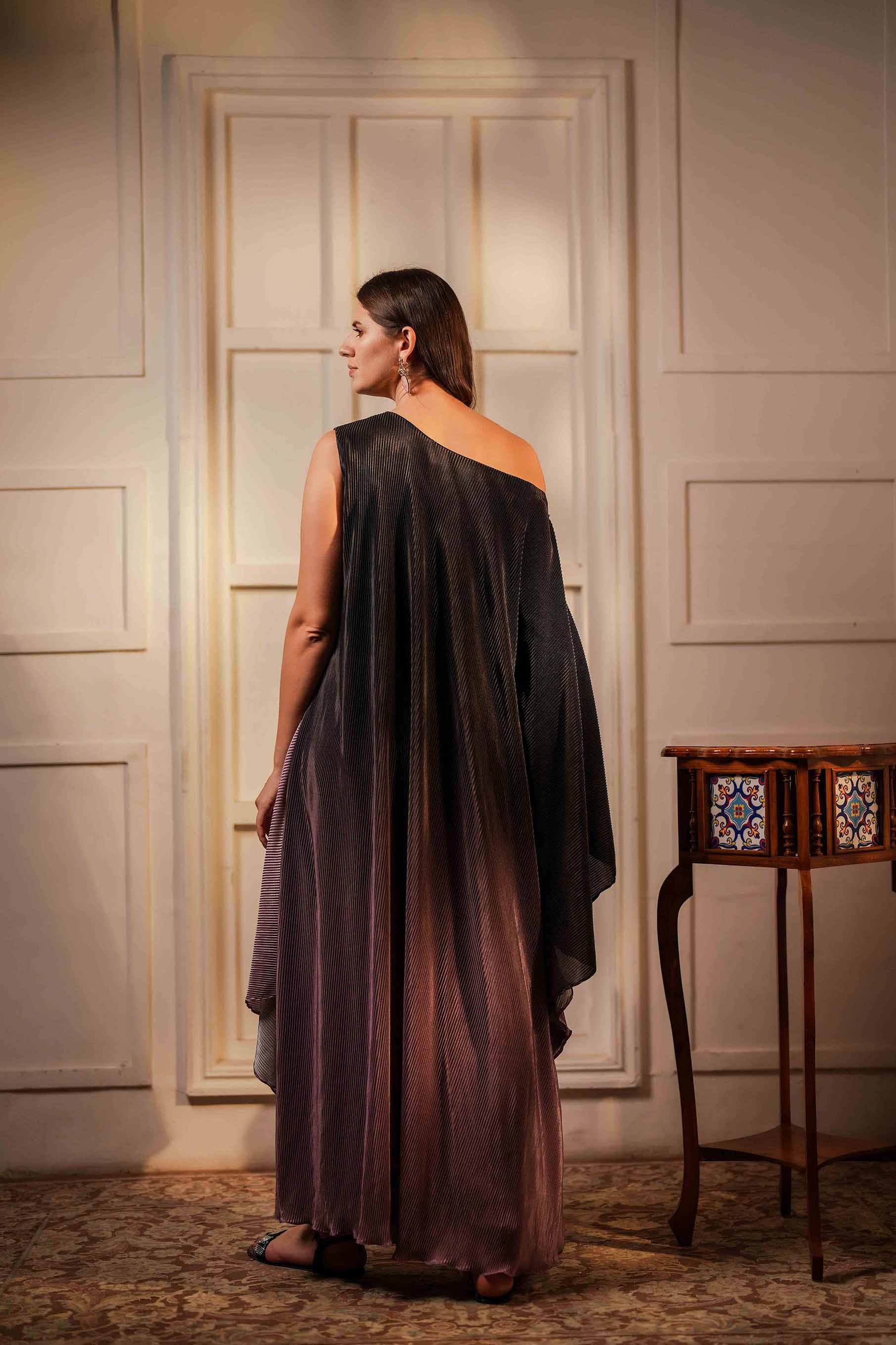 Black and Lilac cowl, one shoulder cowl layered gown.