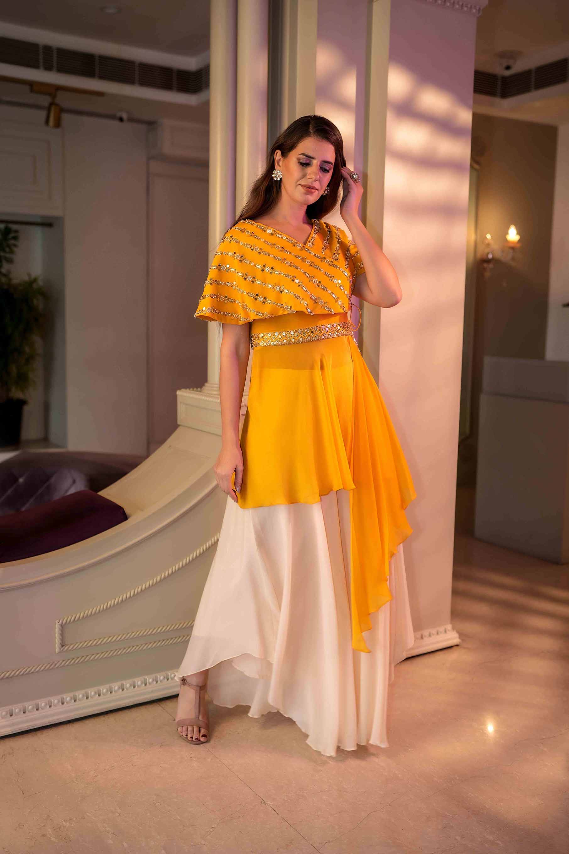 Mustard structured sleeevs fit and flared tunic with palazzo set.