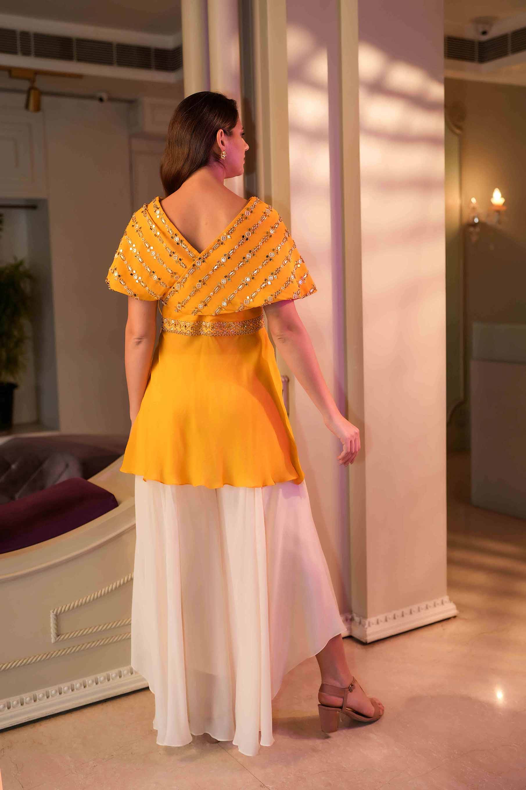 Mustard structured sleeevs fit and flared tunic with palazzo set.