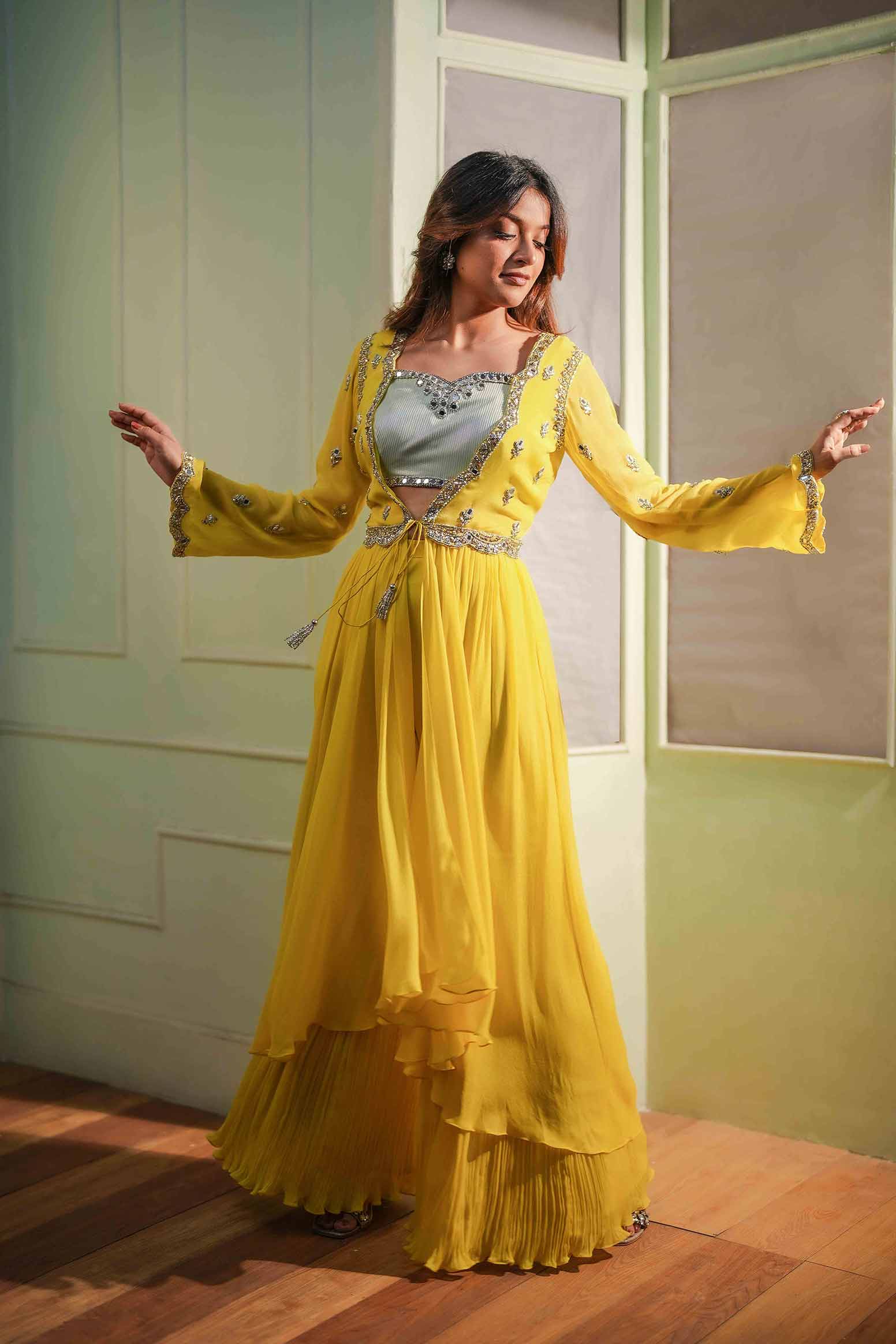Yellow crepe jacket with crop top and Gharara