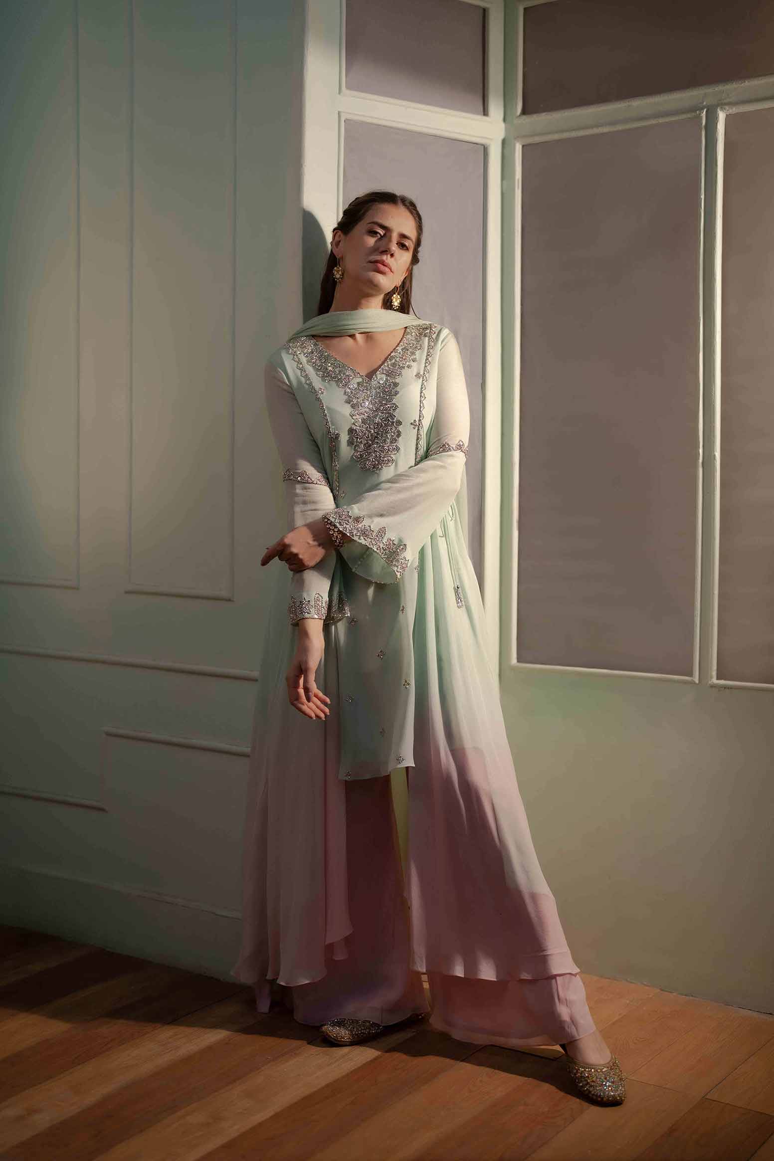 Mint green shaded flared tunic with palazzo and dupatta set.