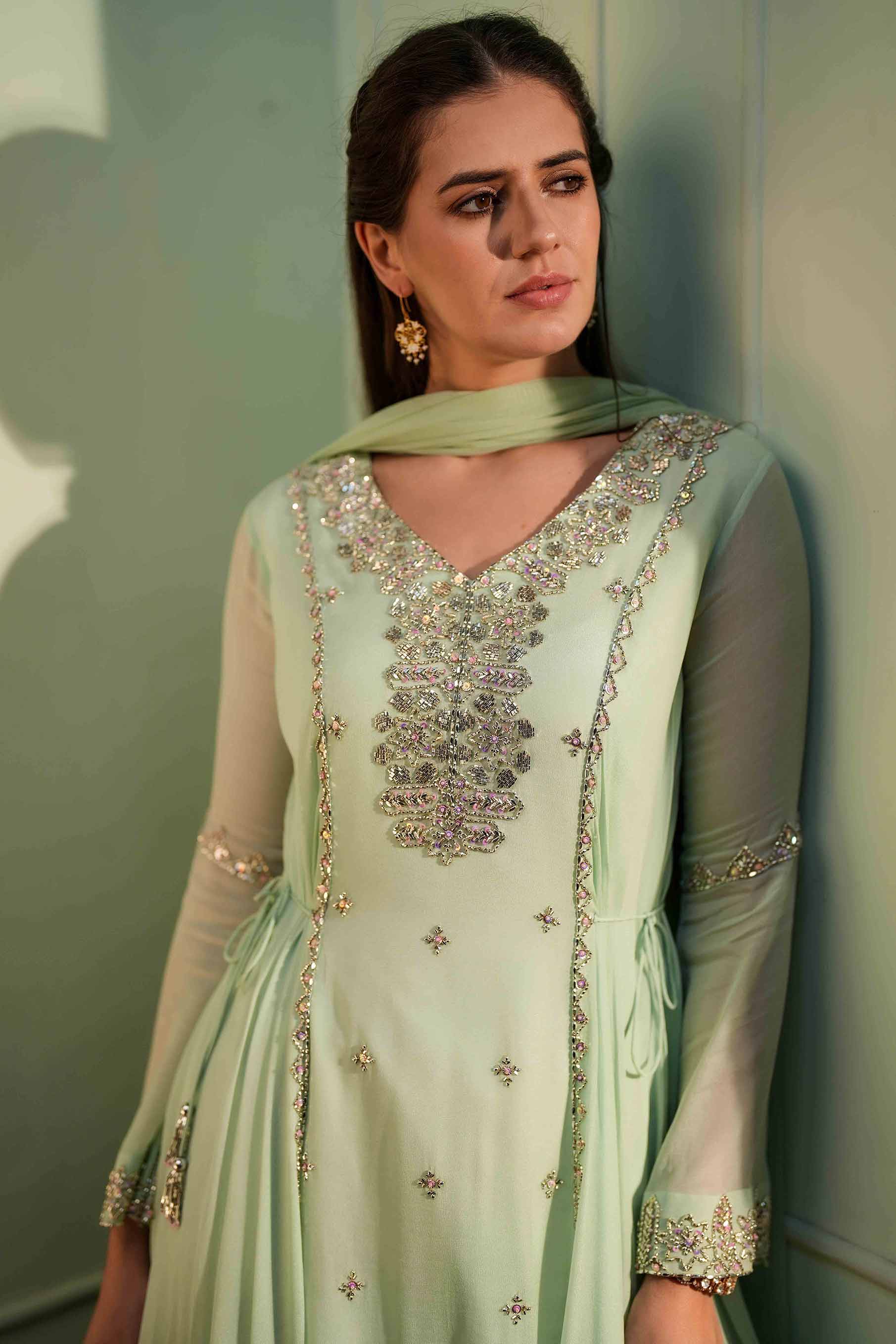 Mint green shaded flared tunic with palazzo and dupatta set.