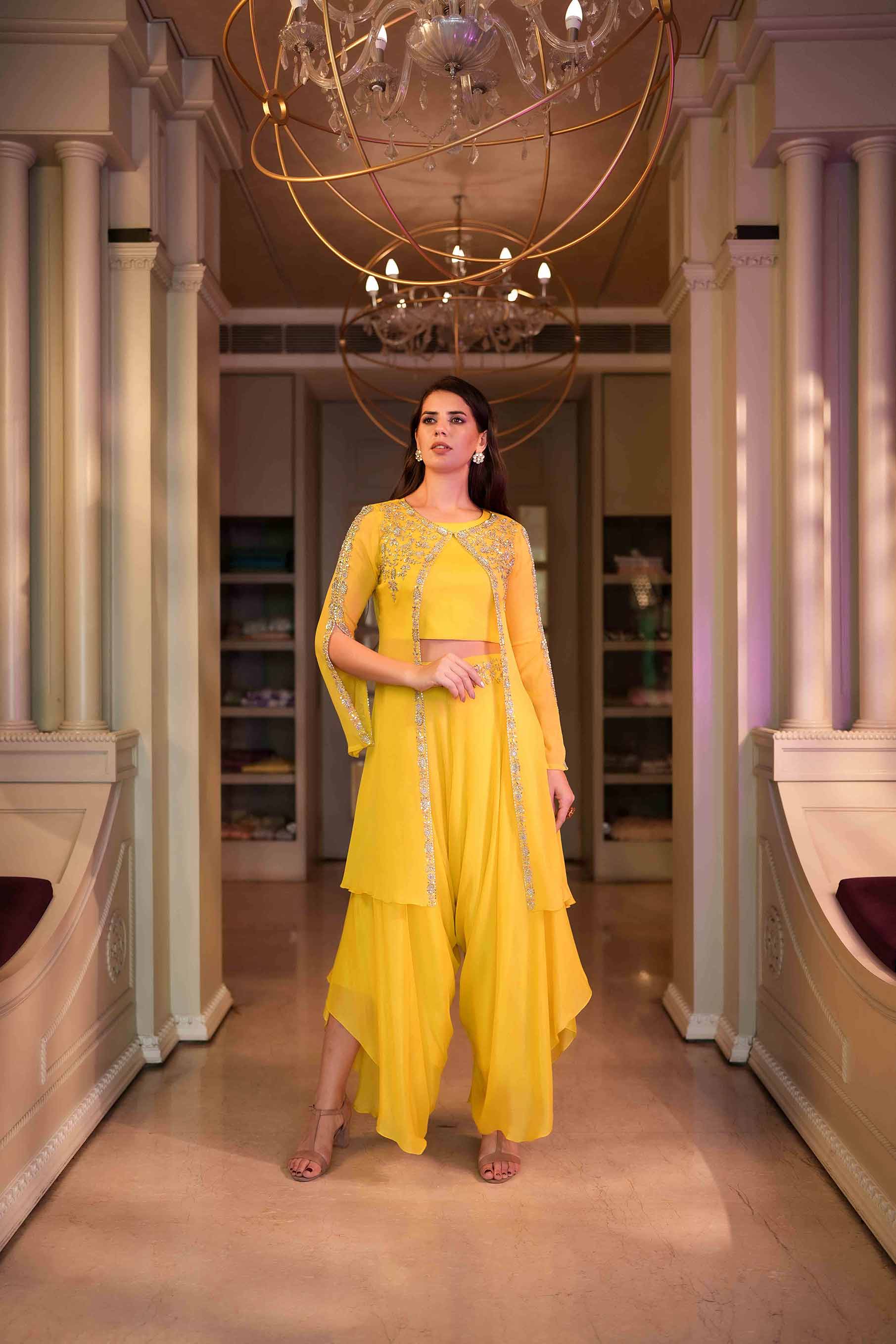 Bright yellow crop top with draped palazzo , cape and belt set.