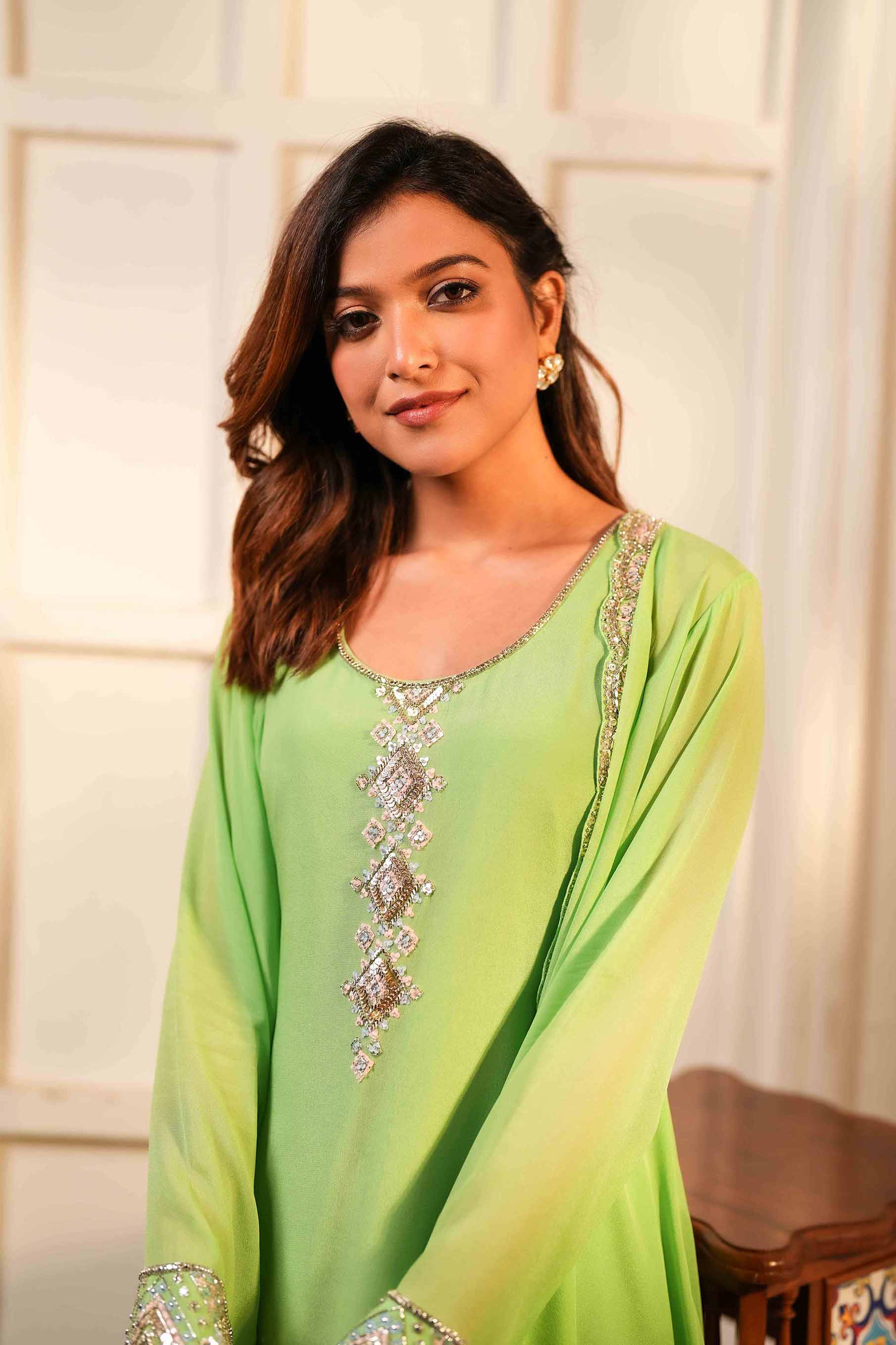 Pista green short tunic with shoti and flared jacket set.