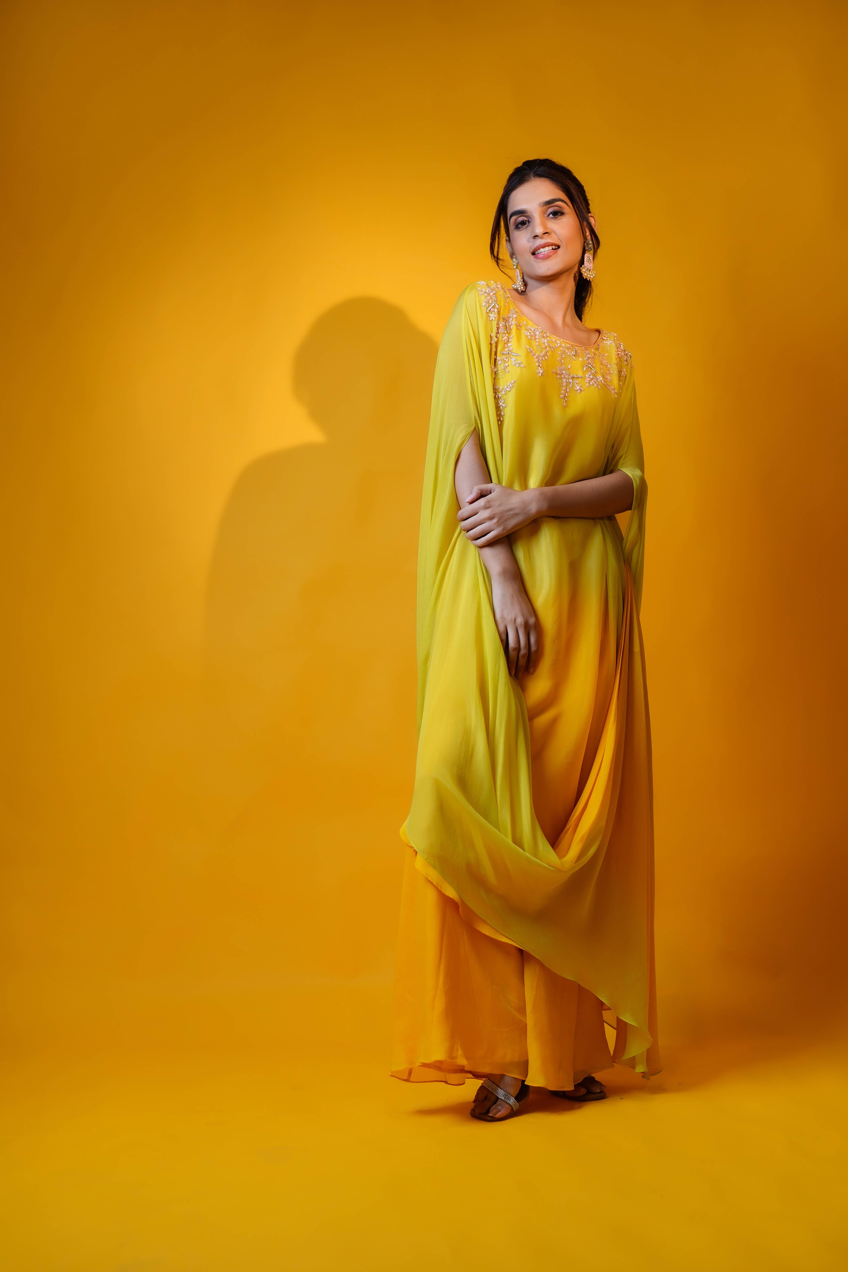 Olive green and mustard cowl draped shaded tunic set.