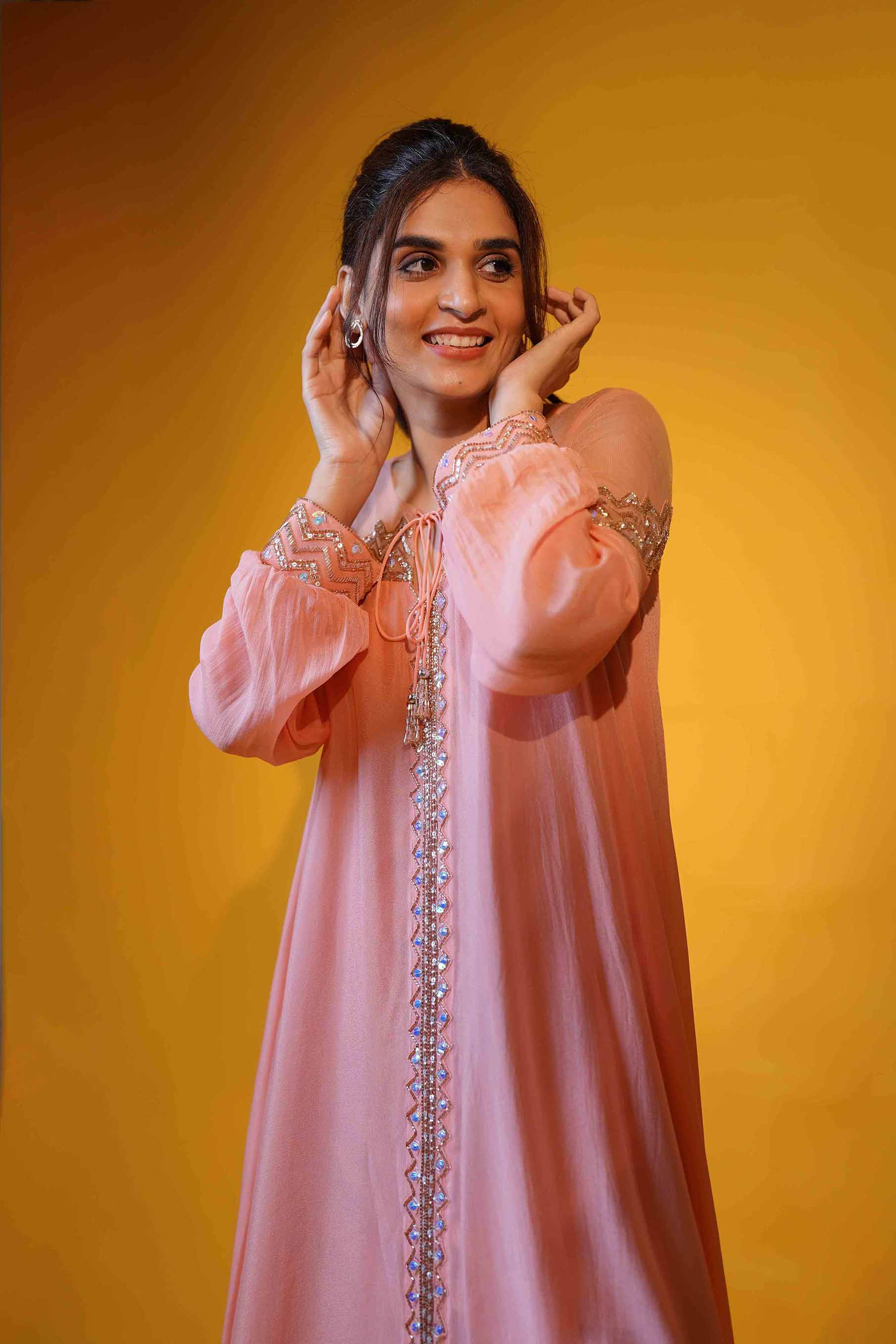 Peach crepe long high low tunic with palazzo set.