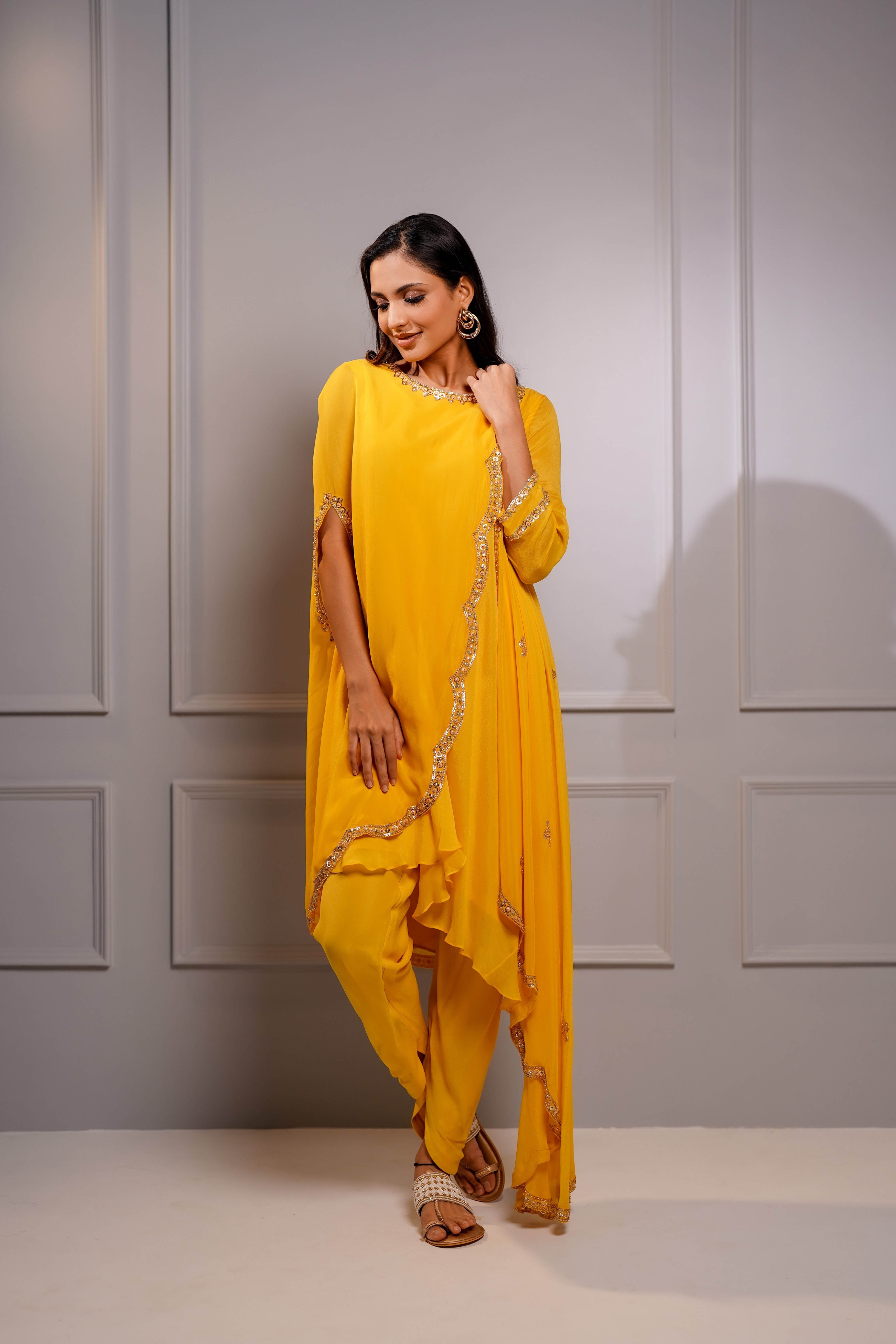 Buy Online Pitambari Yellow Crepe Printed Off Shoulder Top |Dhoti Pants –  Pure Elegance