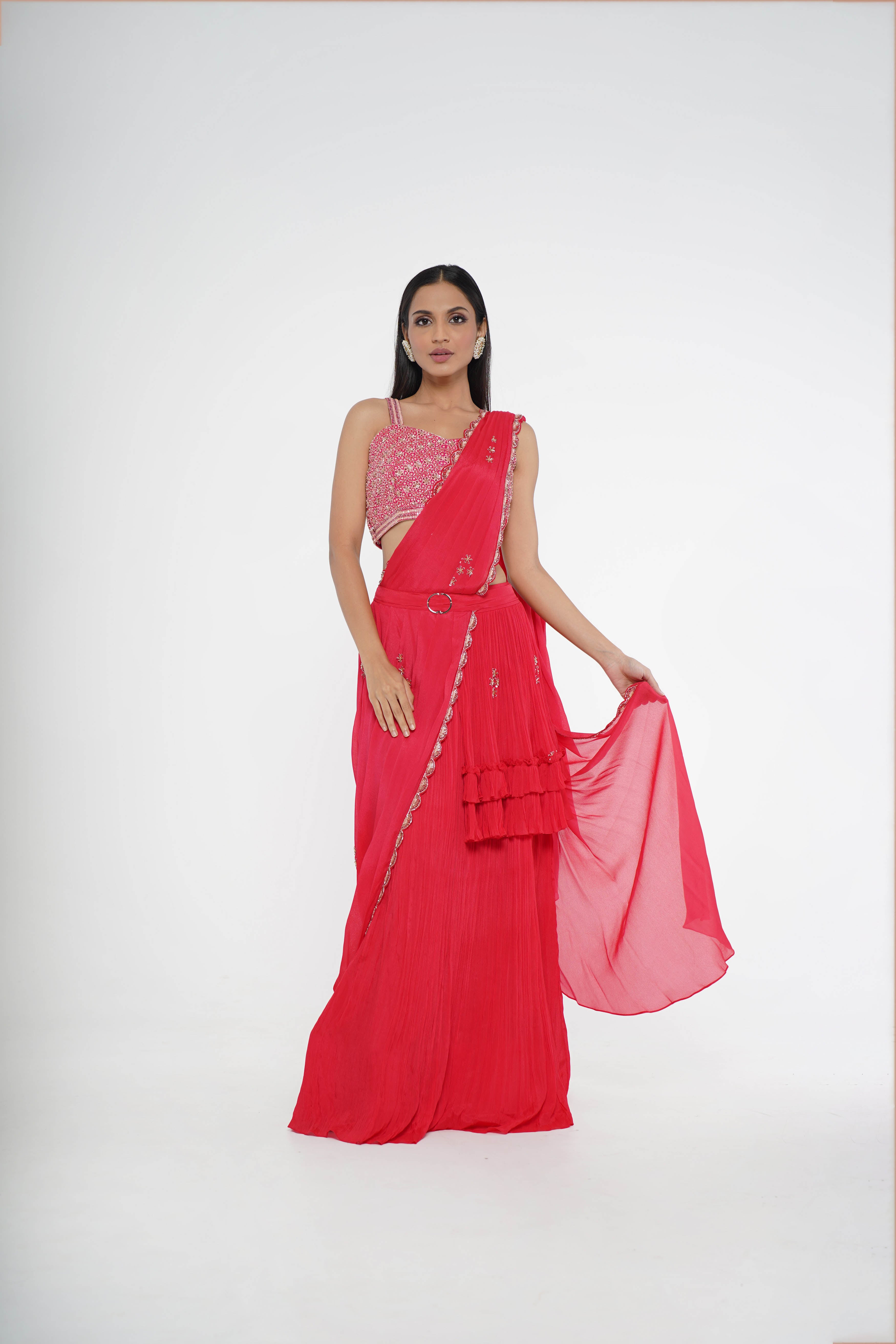 Red gathered concept saree with crop top.