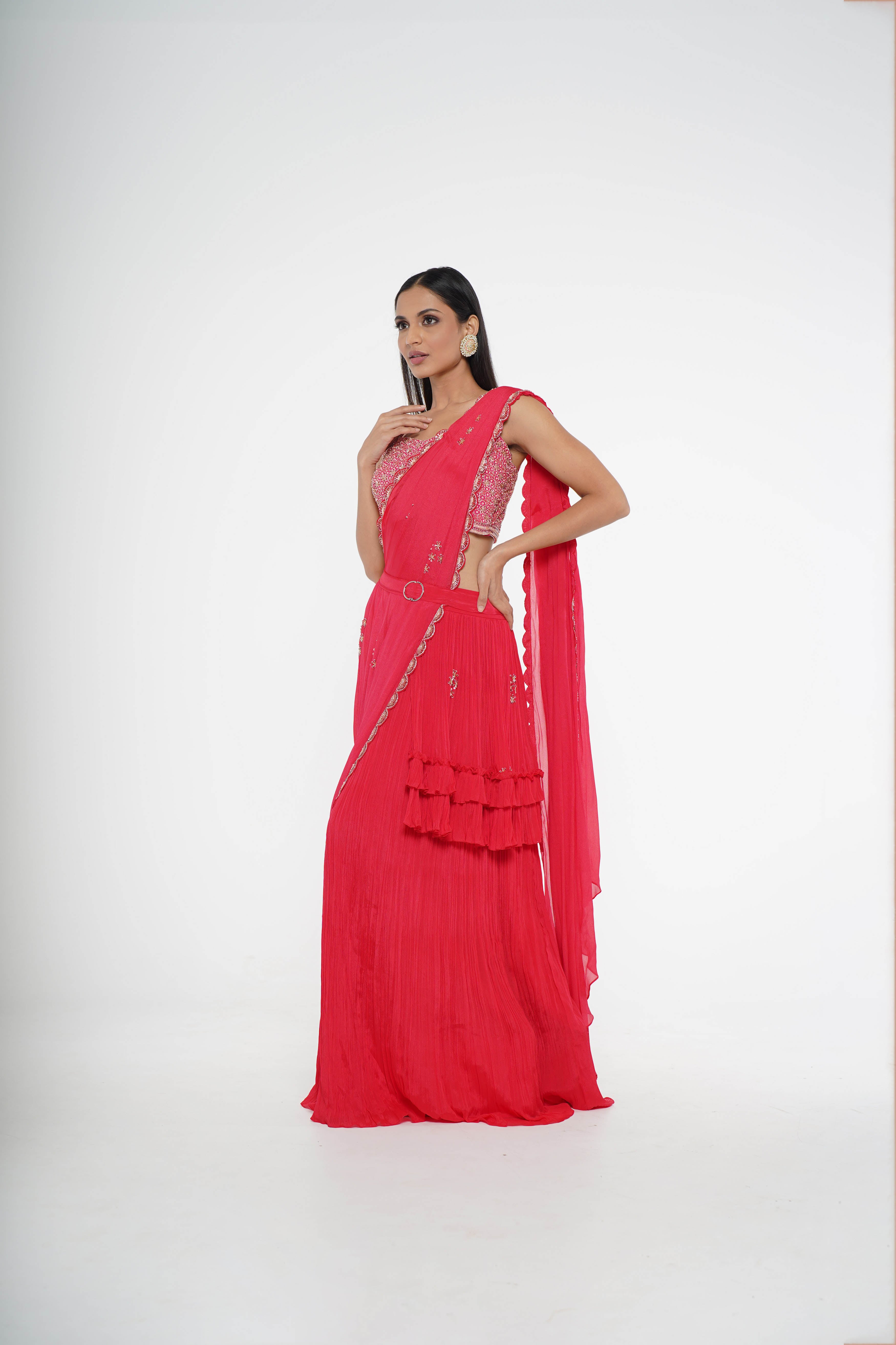 Red gathered concept saree with crop top.