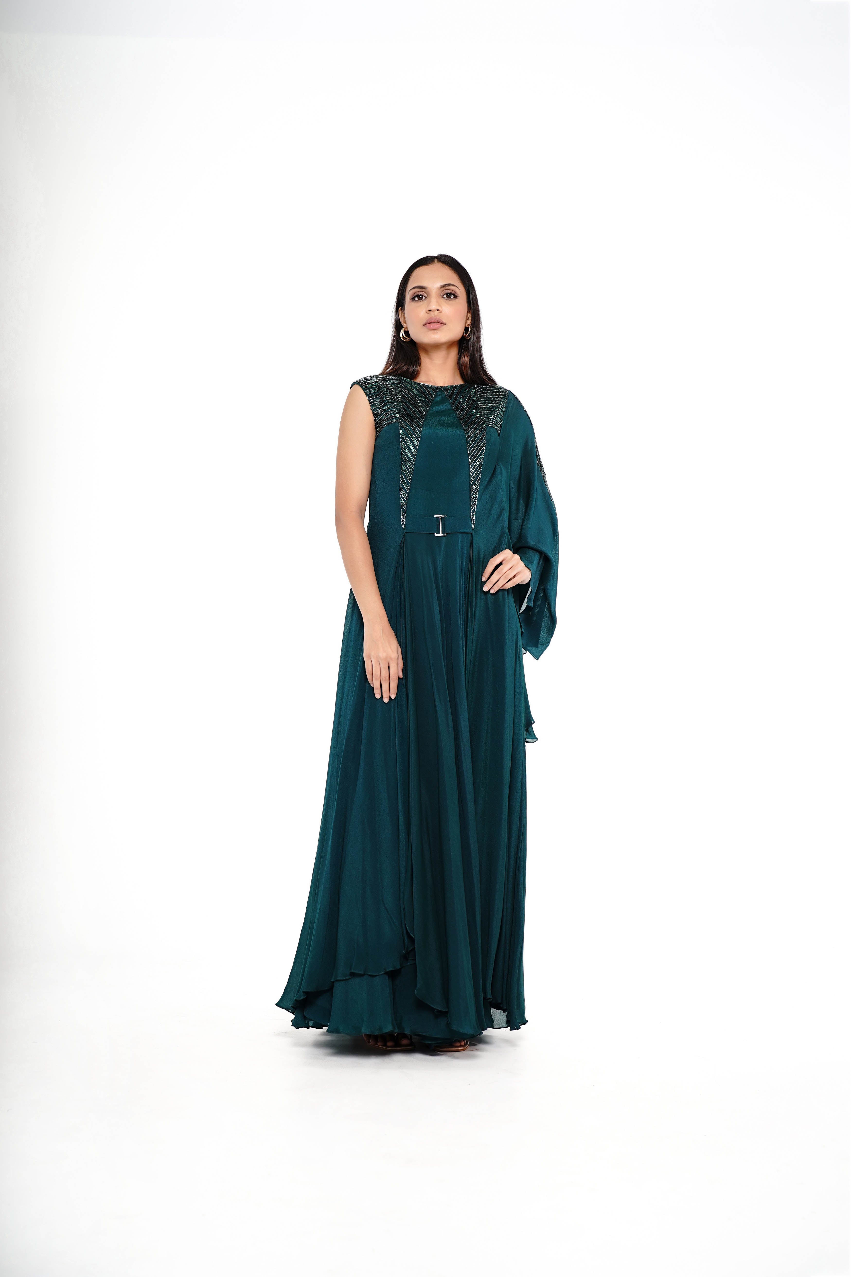 Emerald double layered flared gown with belt.