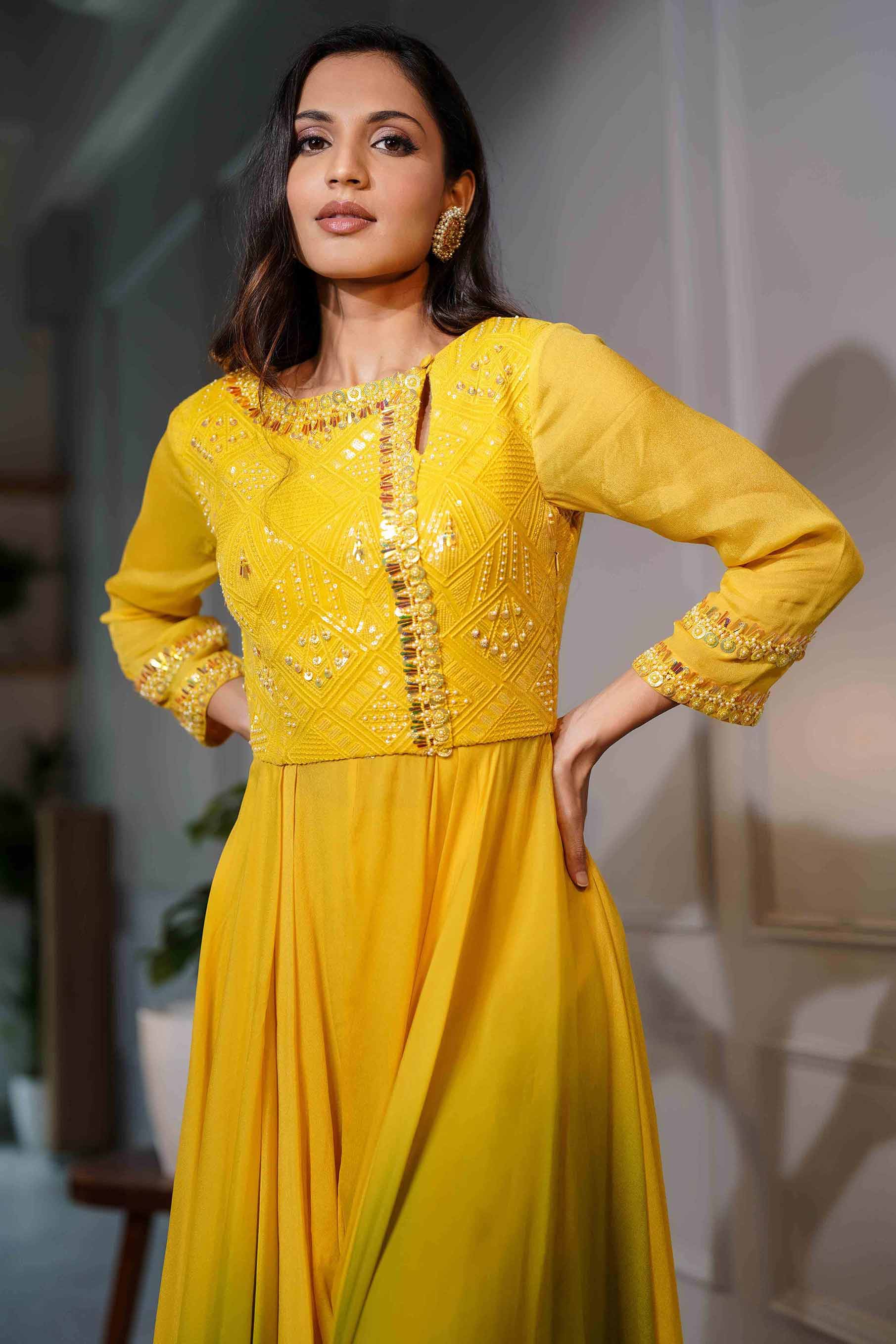 Mustard textured fabric and crepe shaded tunic with palazzo set.