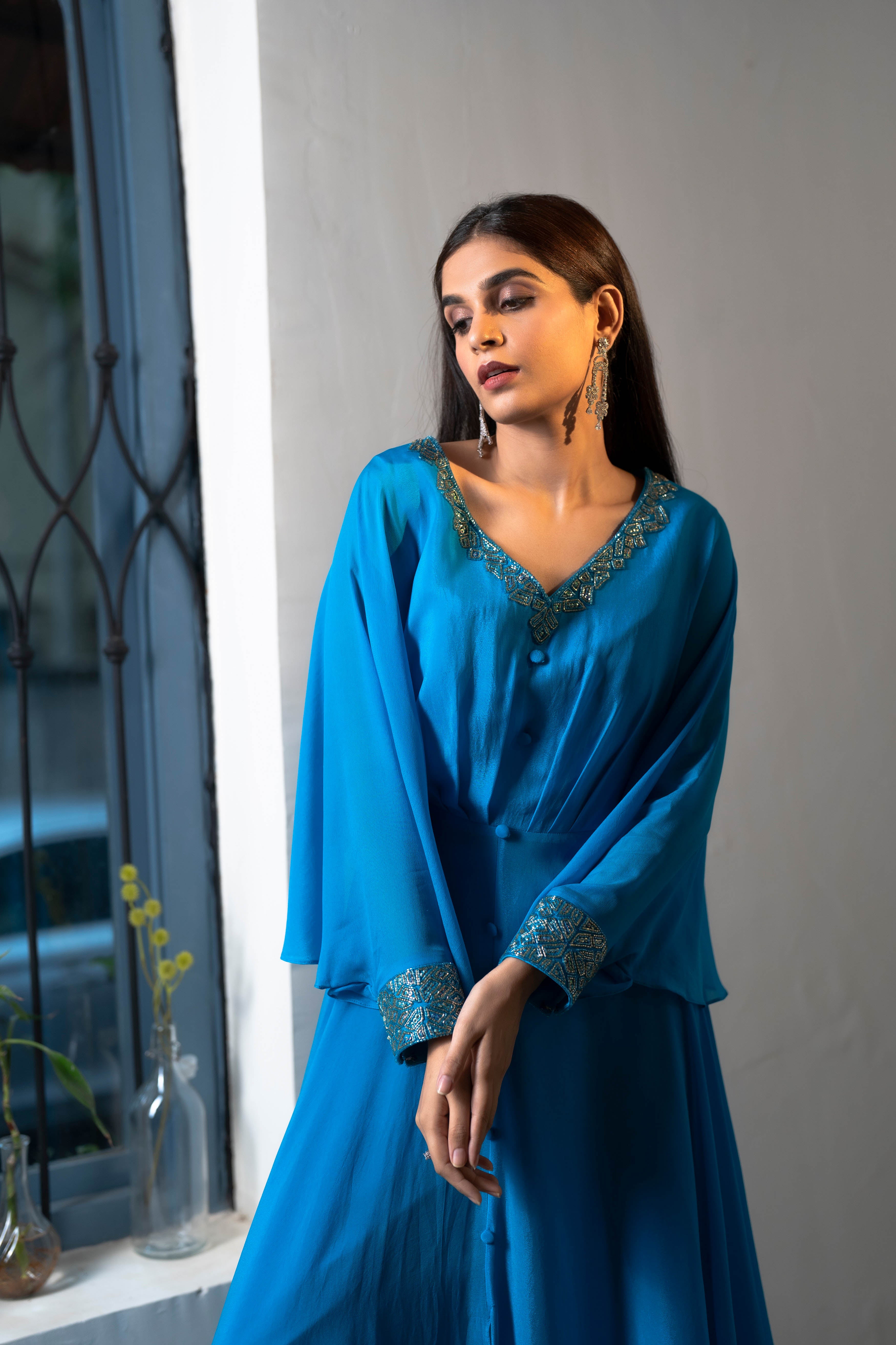 Turquoise blue waist pleated tunic with palazzo set.