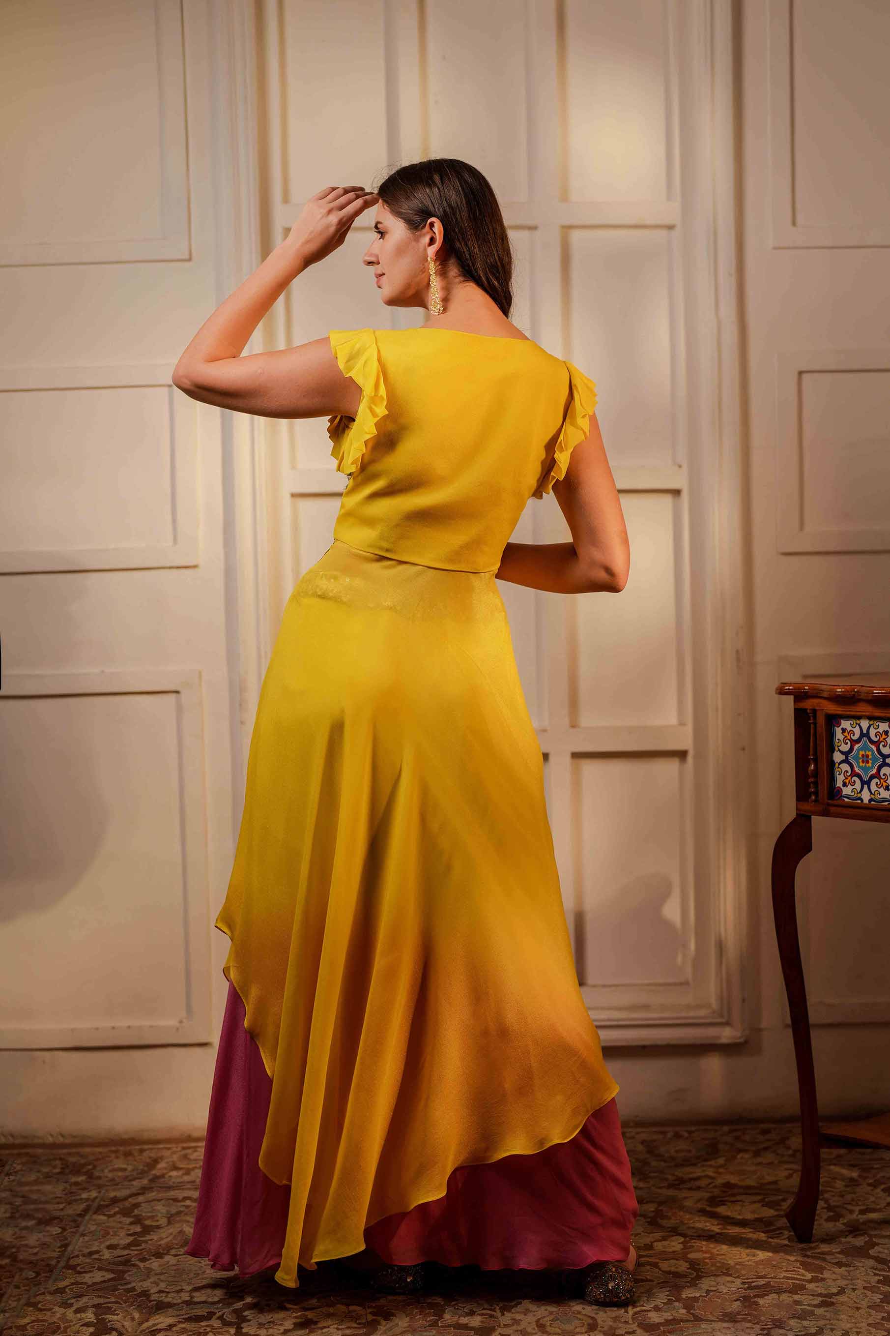 Yellow and pink cropped blouse with flare and shaded skirt set.