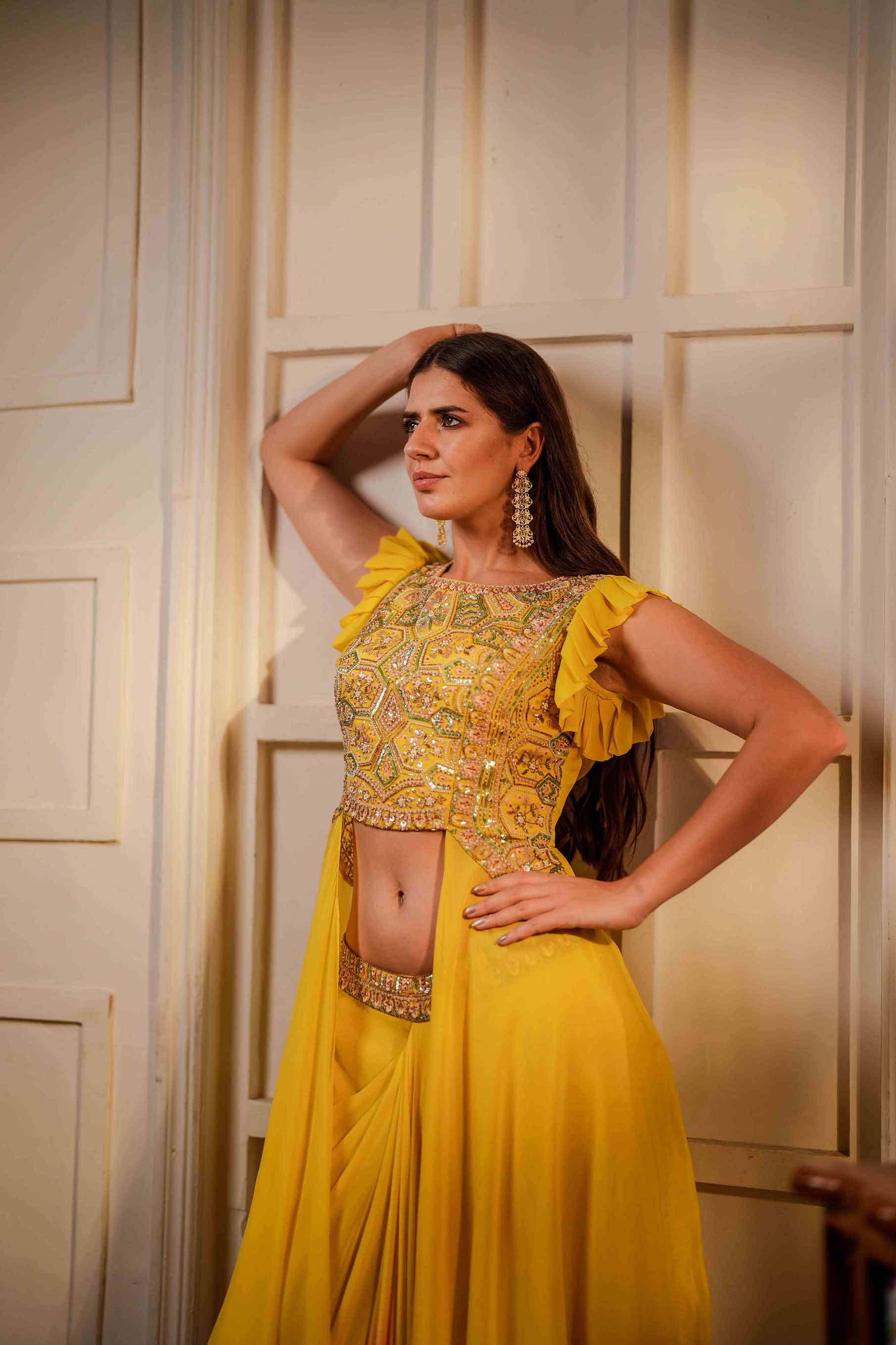 Yellow and pink cropped blouse with flare and shaded skirt set.