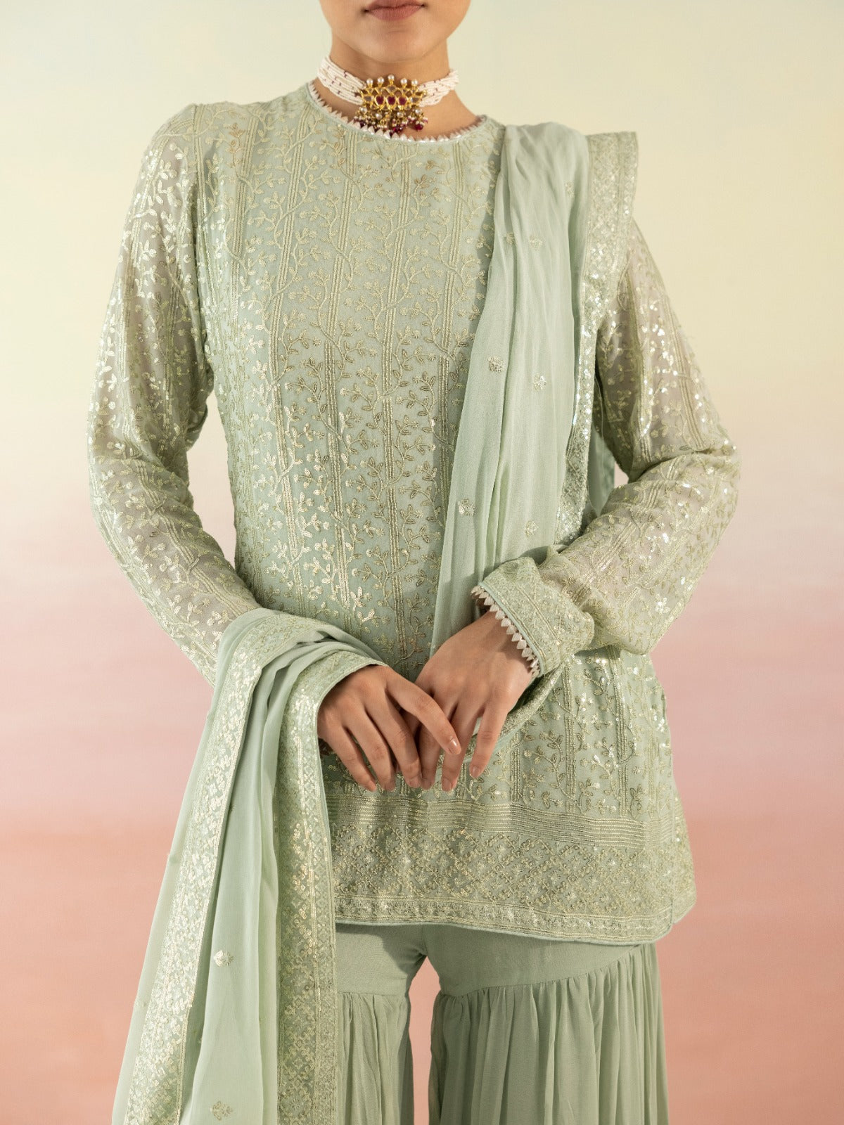 Green Sequin Embellished Sharara Set