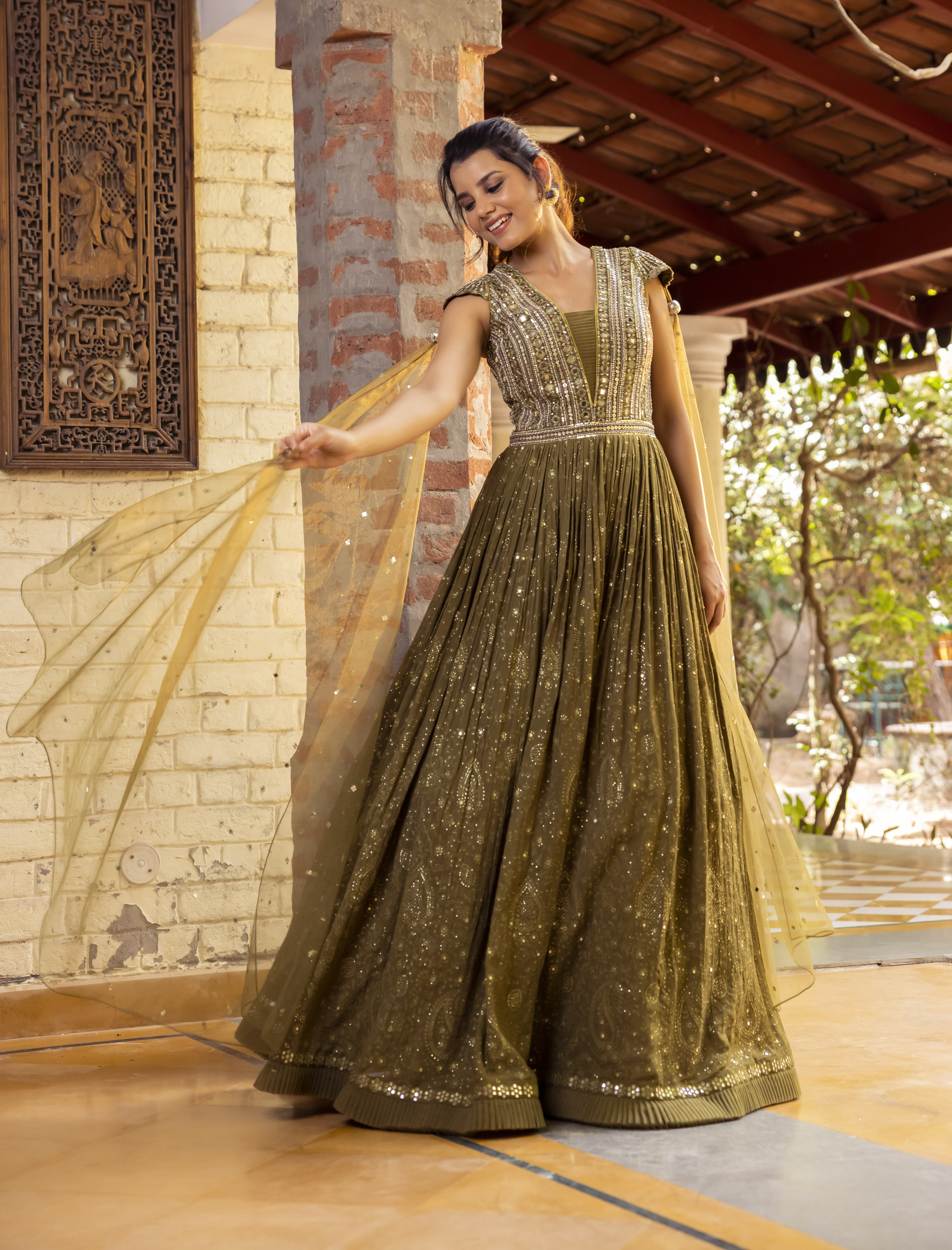 Mirror embroiered indo western gown