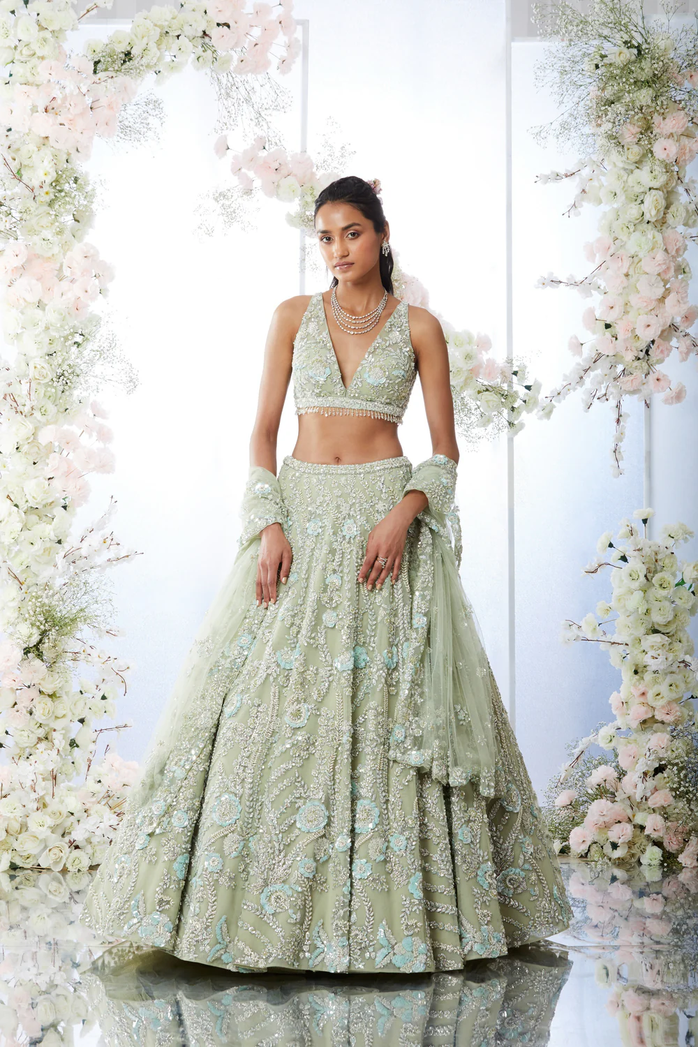 Tea green floral sequin lehenga