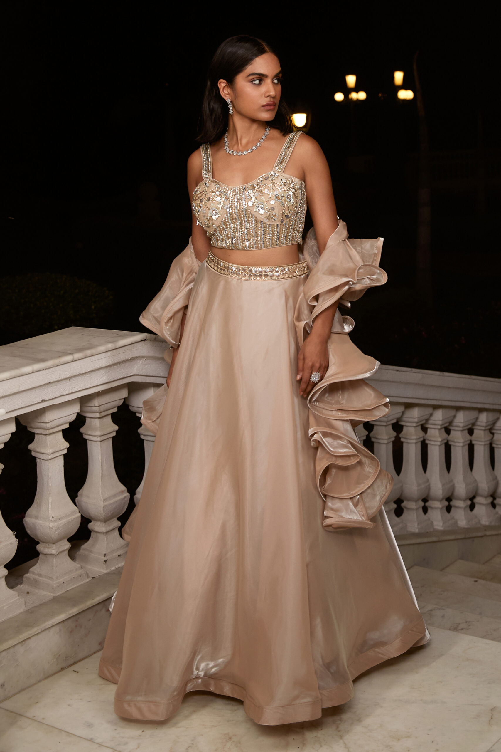 Shop Designer Gold Organza Crop Top Skirt Lehenga