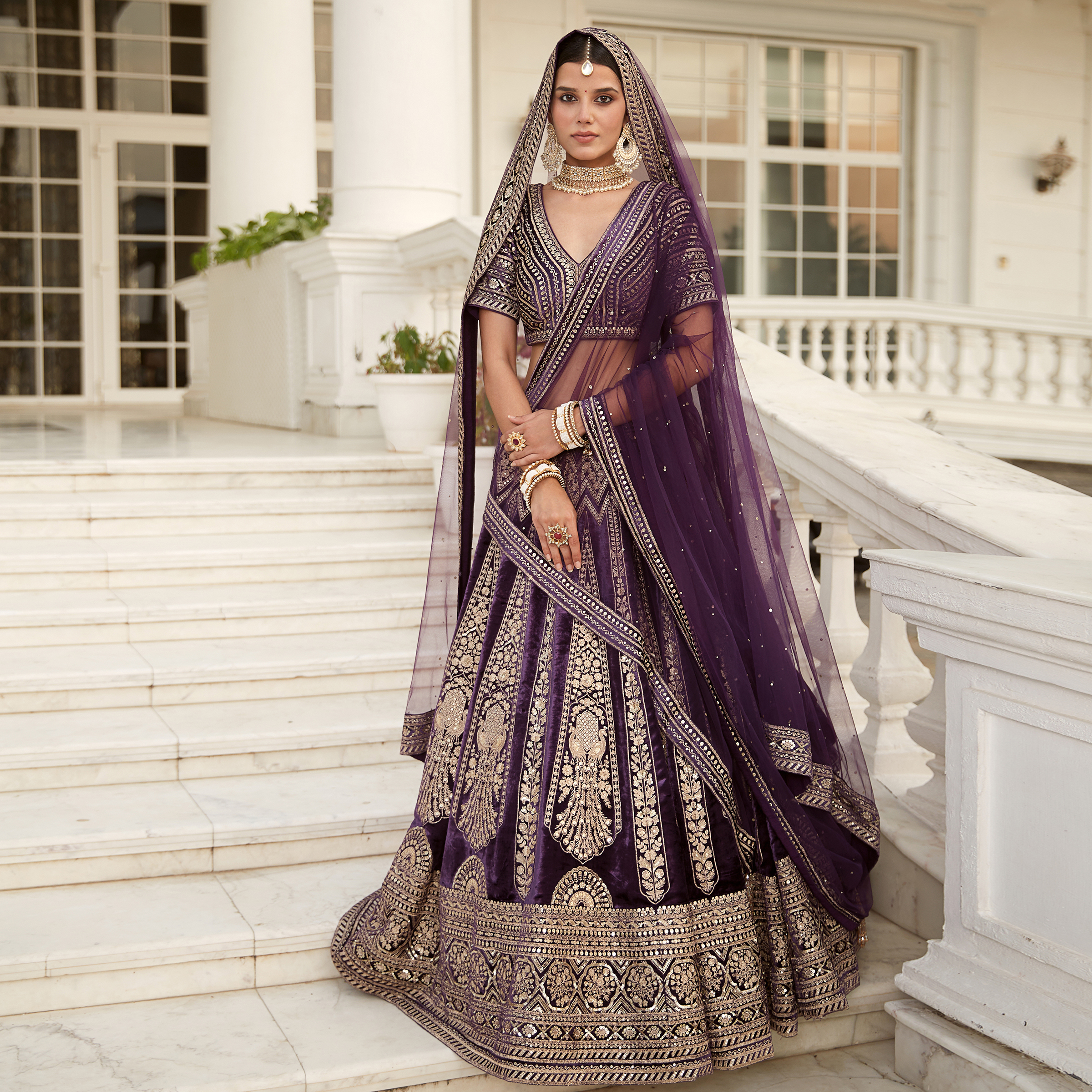 Purple Velvet Designer Bridal Lehenga Set
