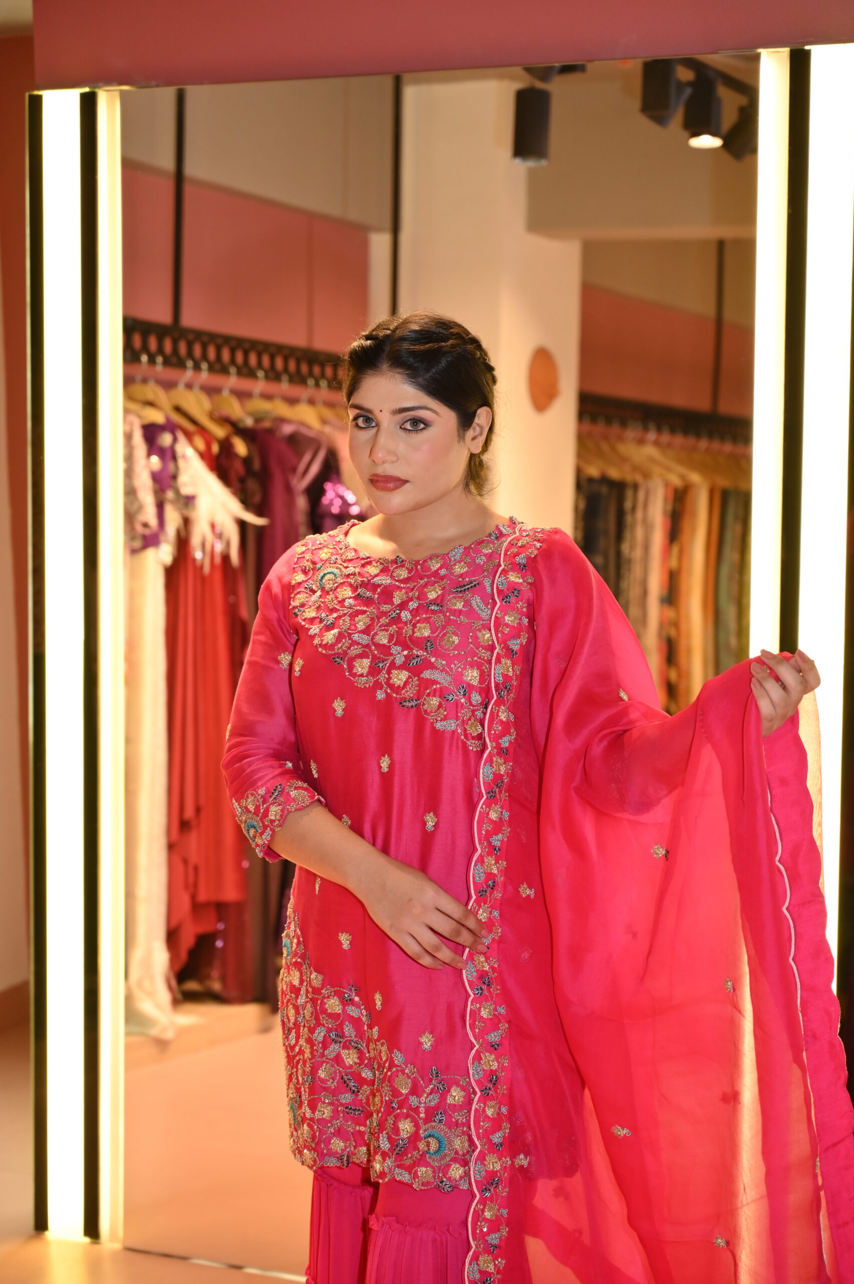 Pink Zari Embroidered Kurta Sharara Set