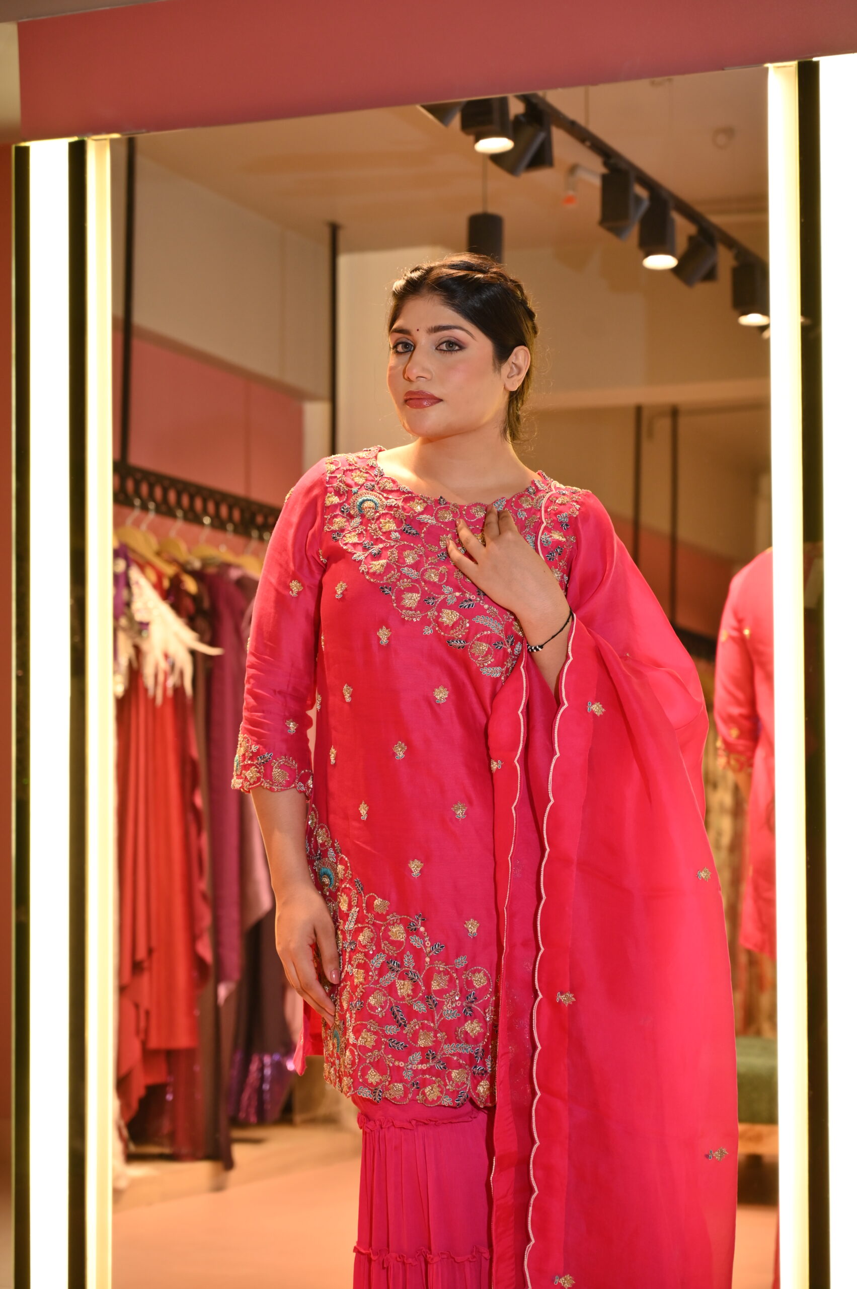 Pink Zari Embroidered Kurta Sharara Set